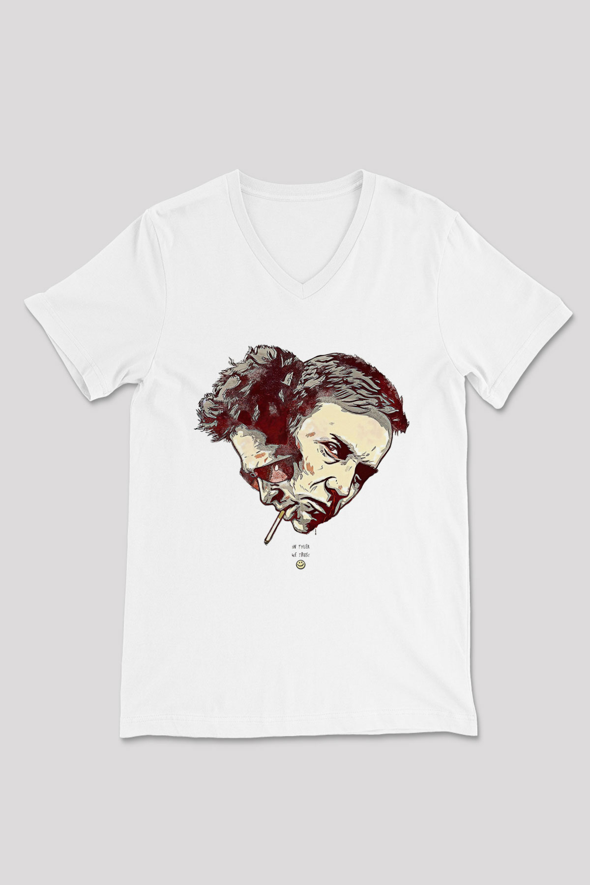 Fight Club (Tyler Durden) Baskılı Beyaz Unisex V Yaka Tişört - Tshirt