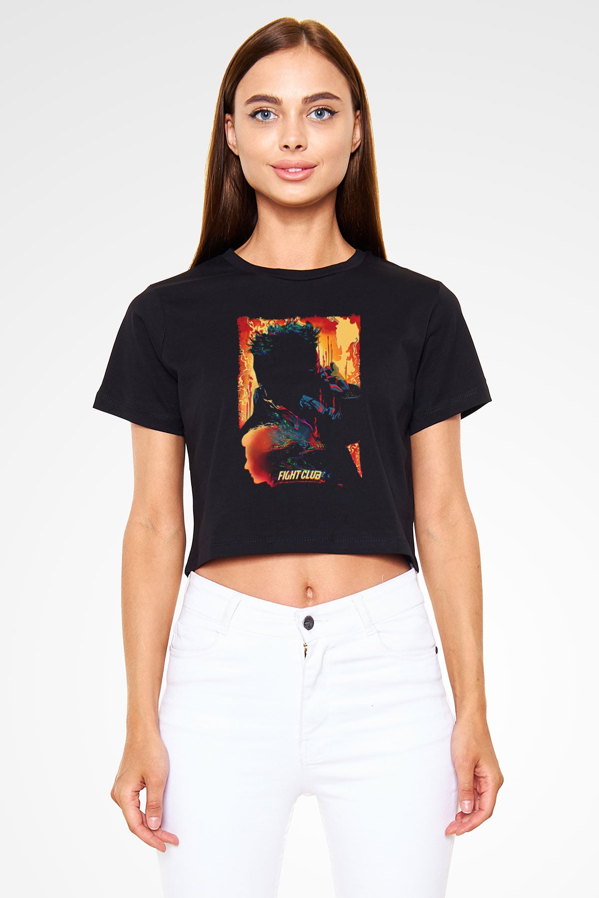 Fight Club (Tyler Durden) Baskılı Siyah Crop Top Kadın Tişört - Tshirt