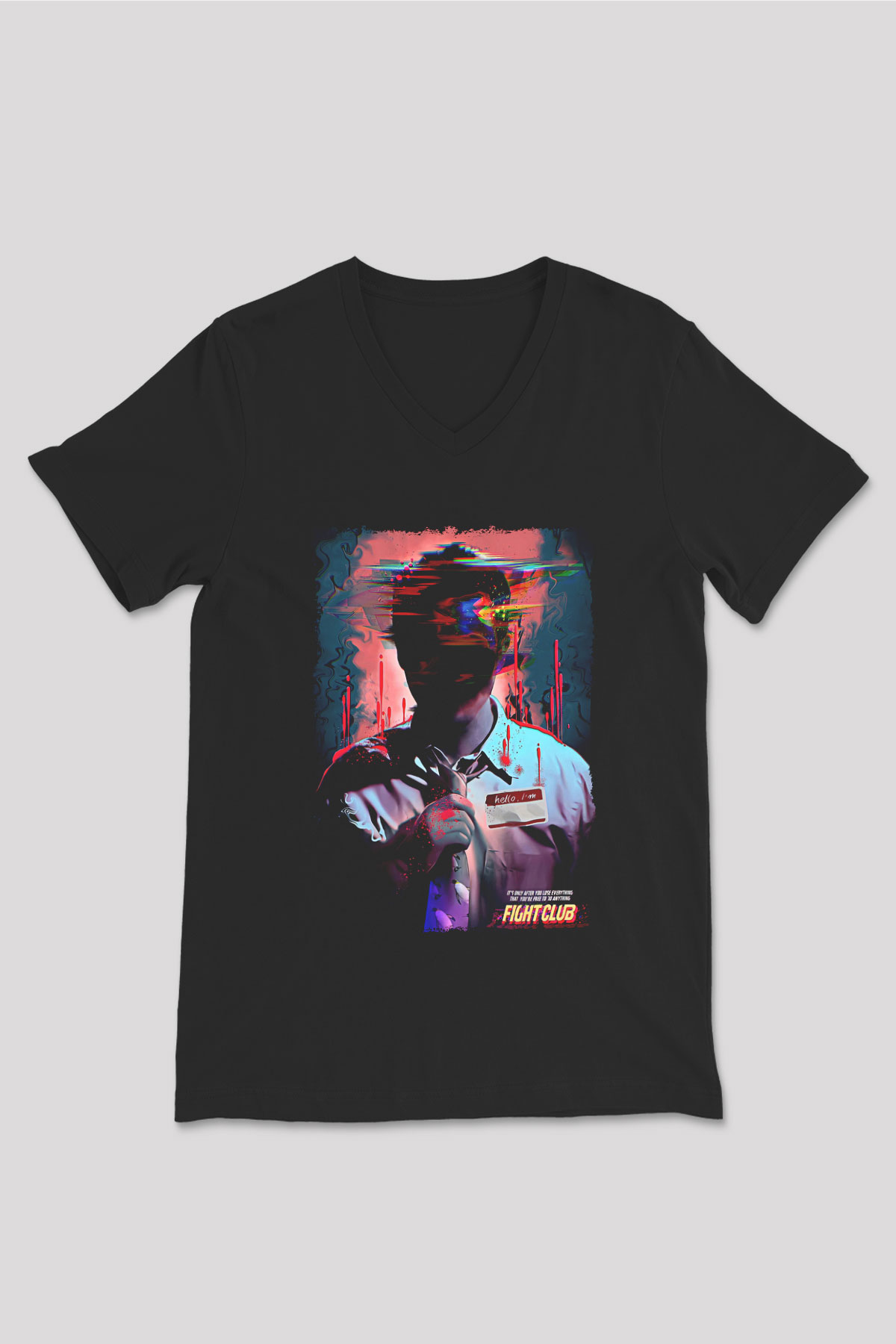 Fight Club (Tyler Durden) Baskılı Unisex Siyah V Yaka Tişört - Tshirt