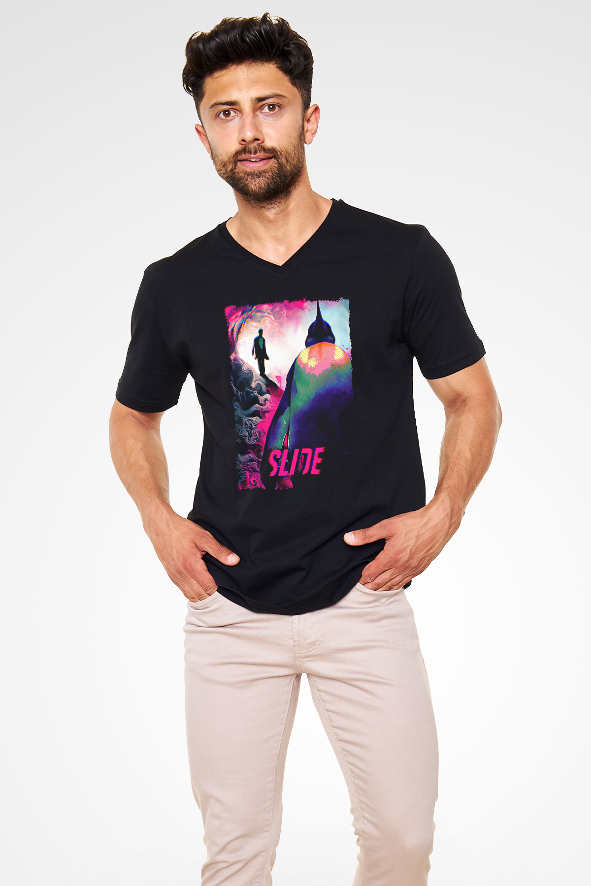 Fight Club (Tyler Durden) Baskılı Unisex Siyah V Yaka Tişört - Tshirt