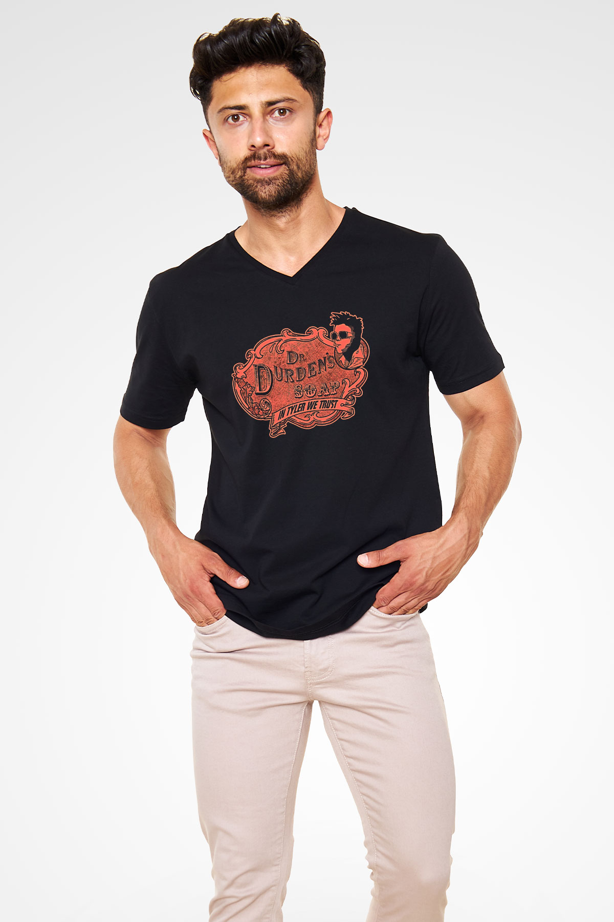 Fight Club (Tyler Durden) Baskılı Unisex Siyah V Yaka Tişört - Tshirt