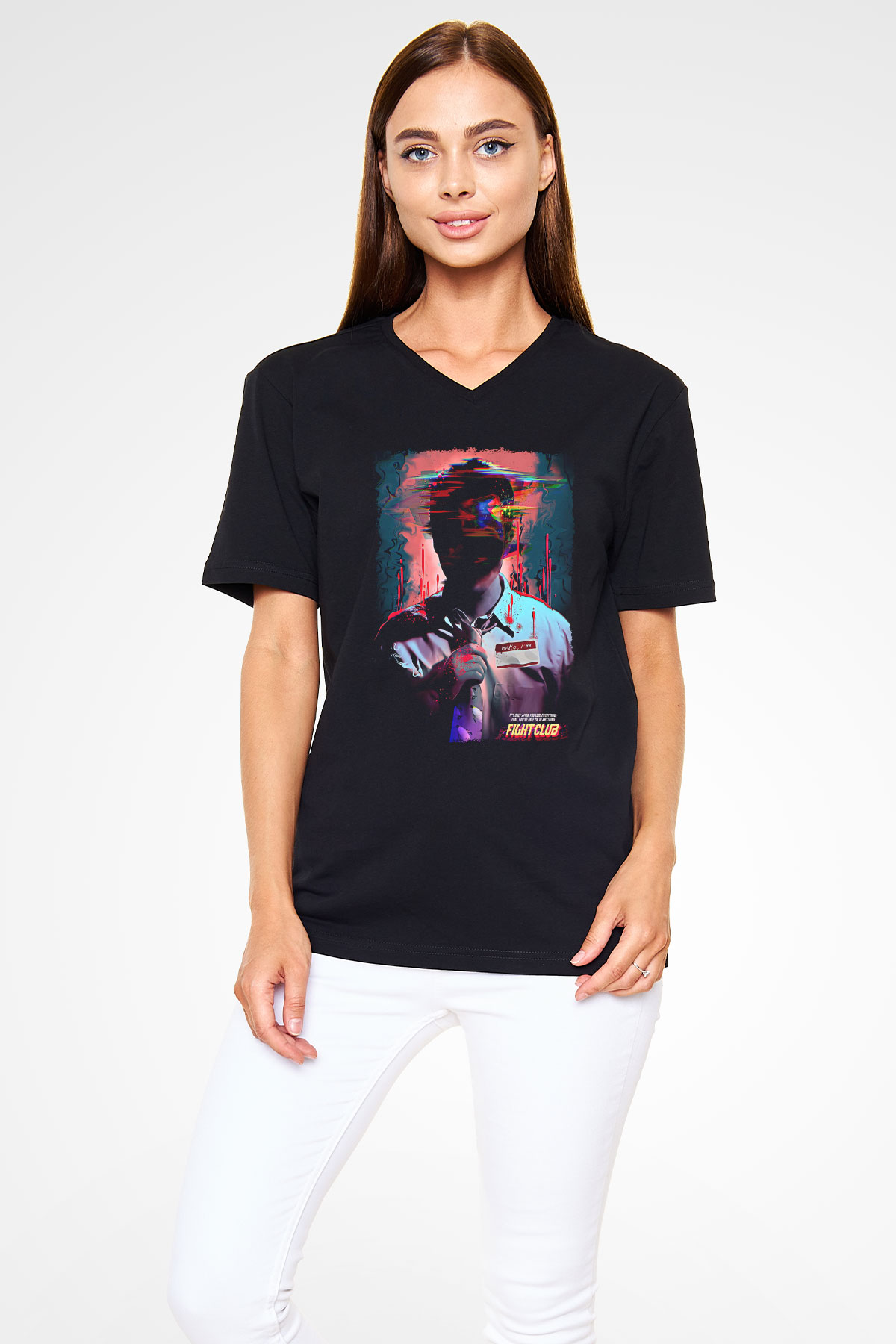 Fight Club (Tyler Durden) Baskılı Unisex Siyah V Yaka Tişört - Tshirt