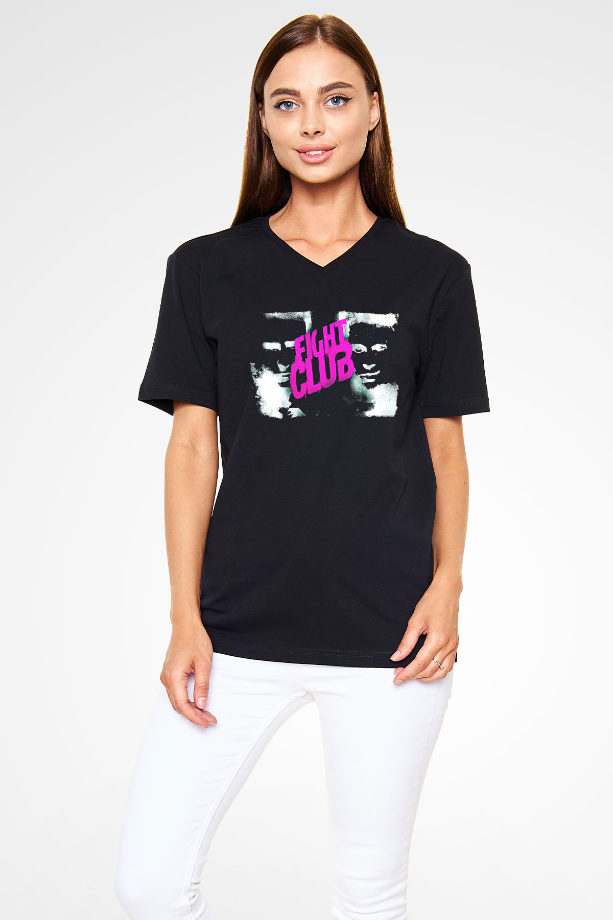 Fight Club (Tyler Durden) Baskılı Unisex Siyah V Yaka Tişört - Tshirt