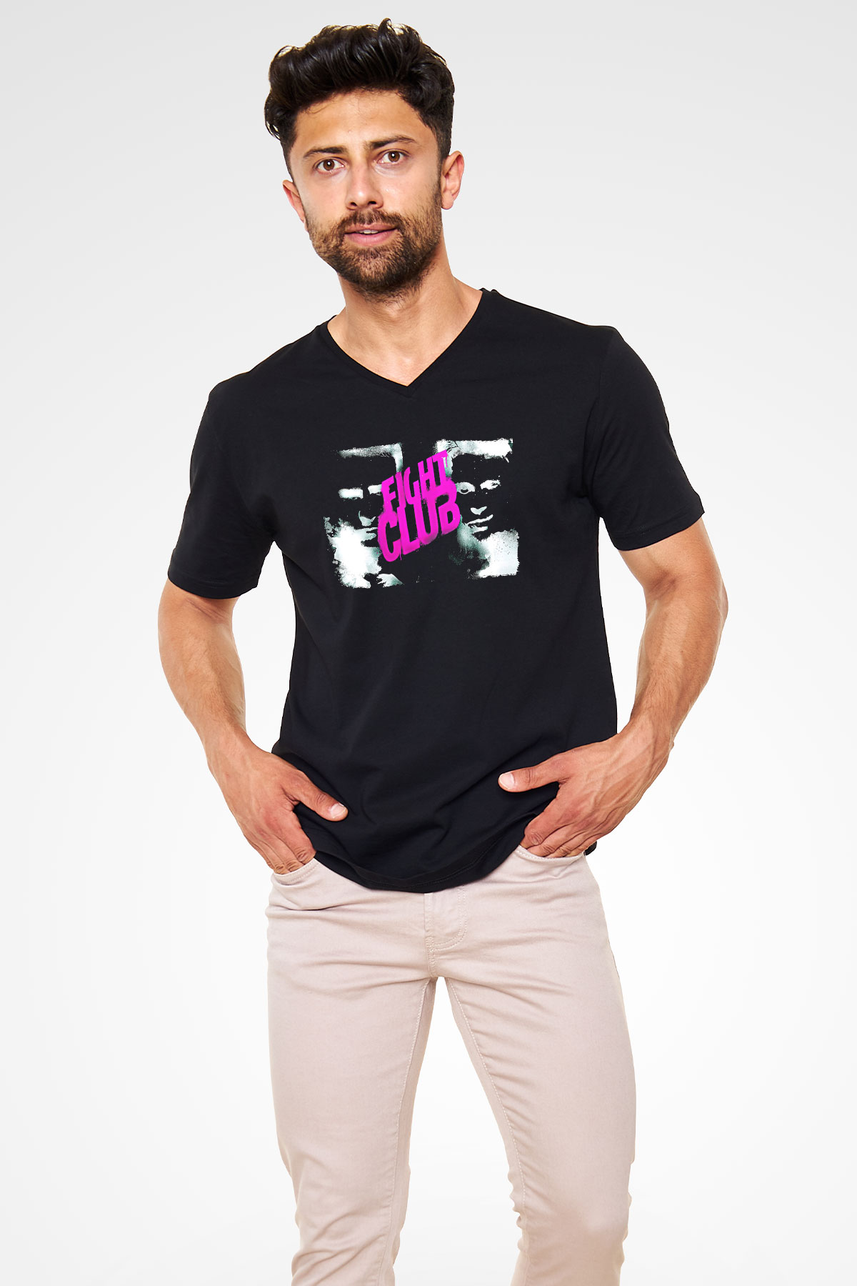 Fight Club (Tyler Durden) Baskılı Unisex Siyah V Yaka Tişört - Tshirt