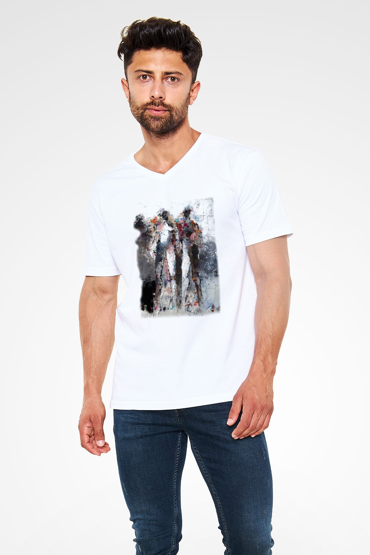 Figür Beyaz Unisex V Yaka Tişört T-Shirt