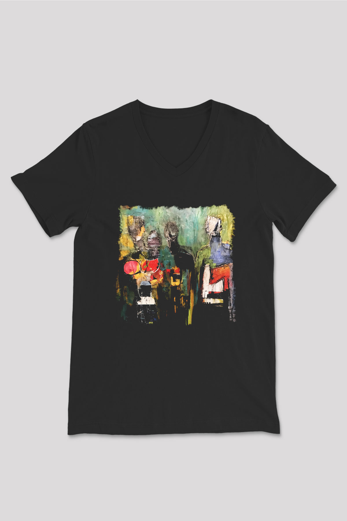 Figür Siyah Unisex V Yaka Tişört T-Shirt