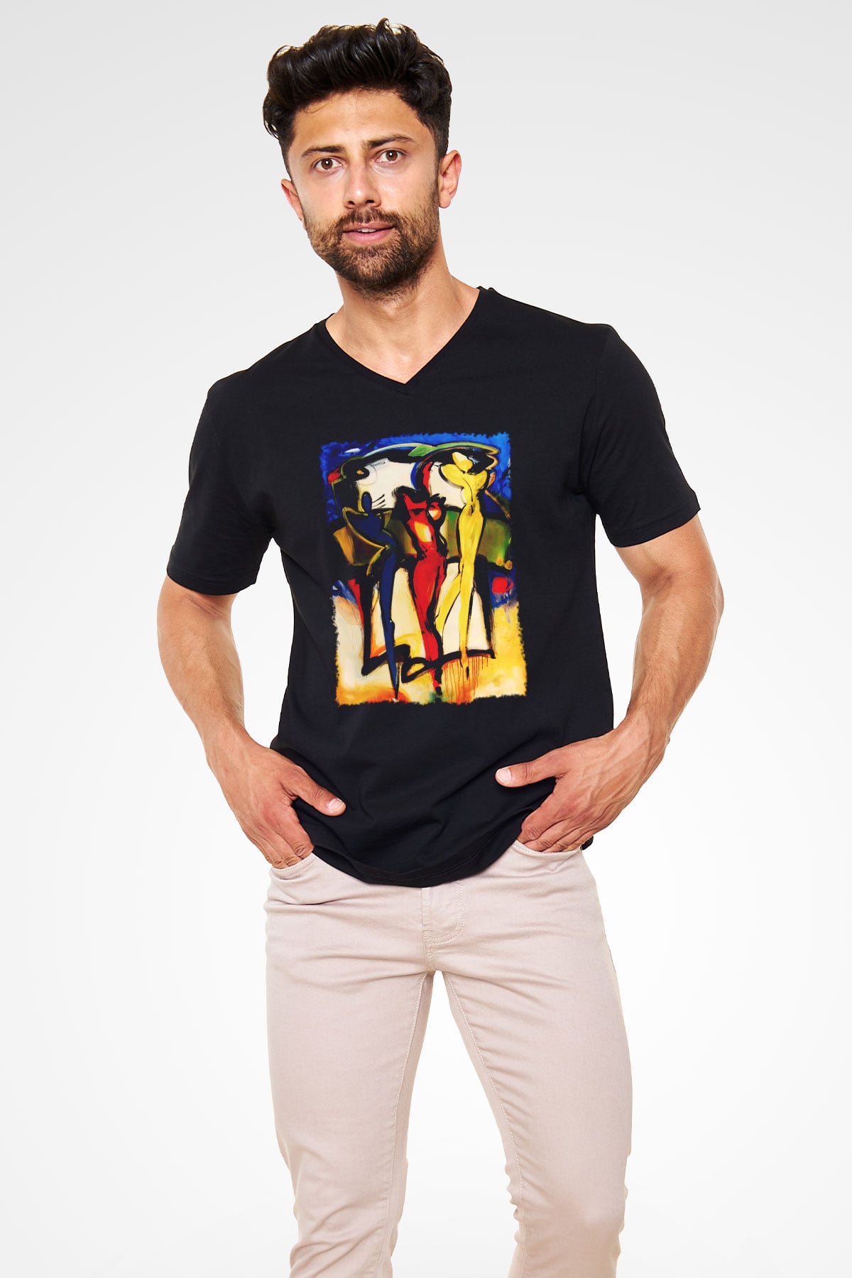 Figür Siyah Unisex V Yaka Tişört T-Shirt