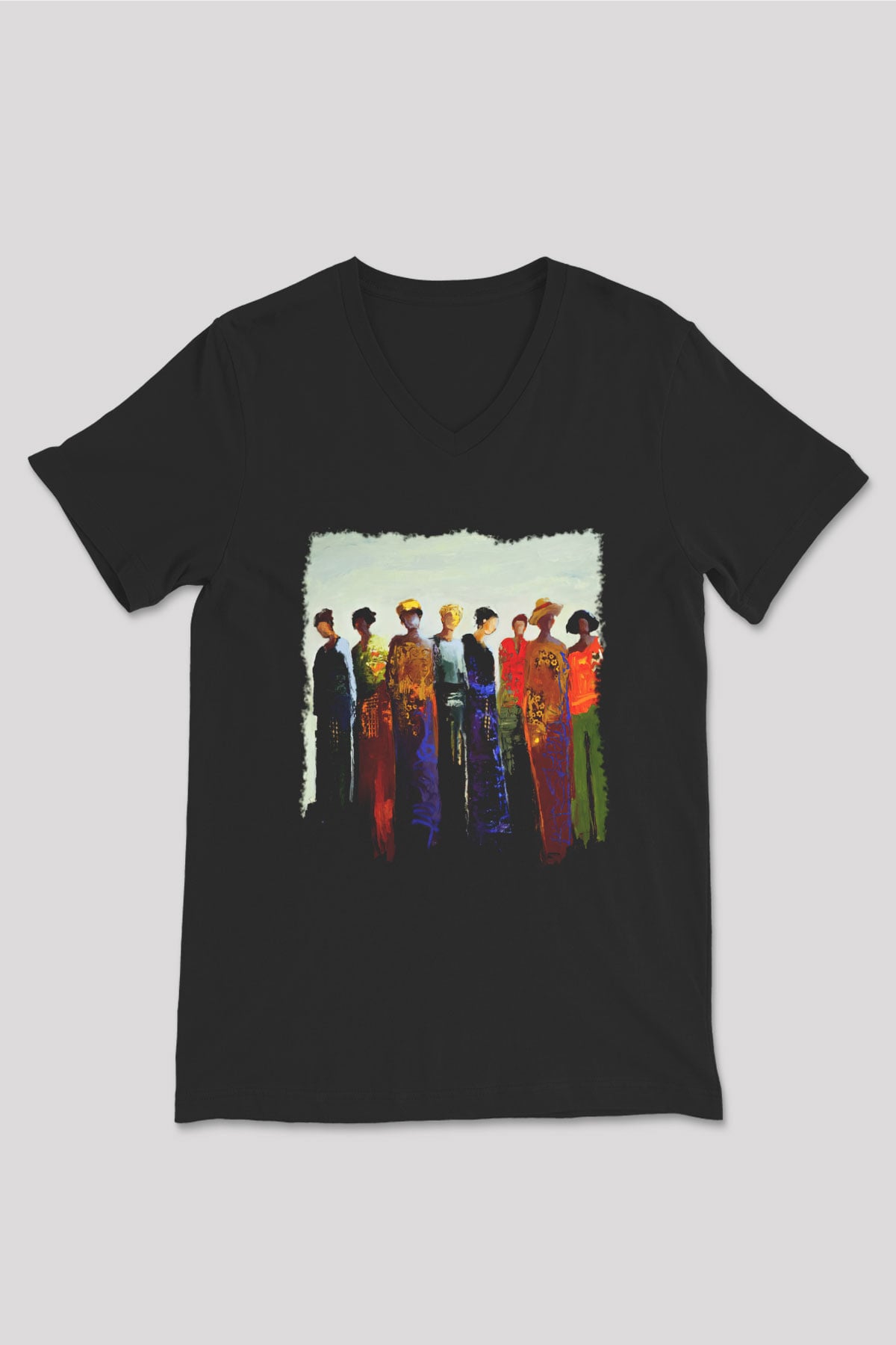 Figür Siyah Unisex V Yaka Tişört T-Shirt
