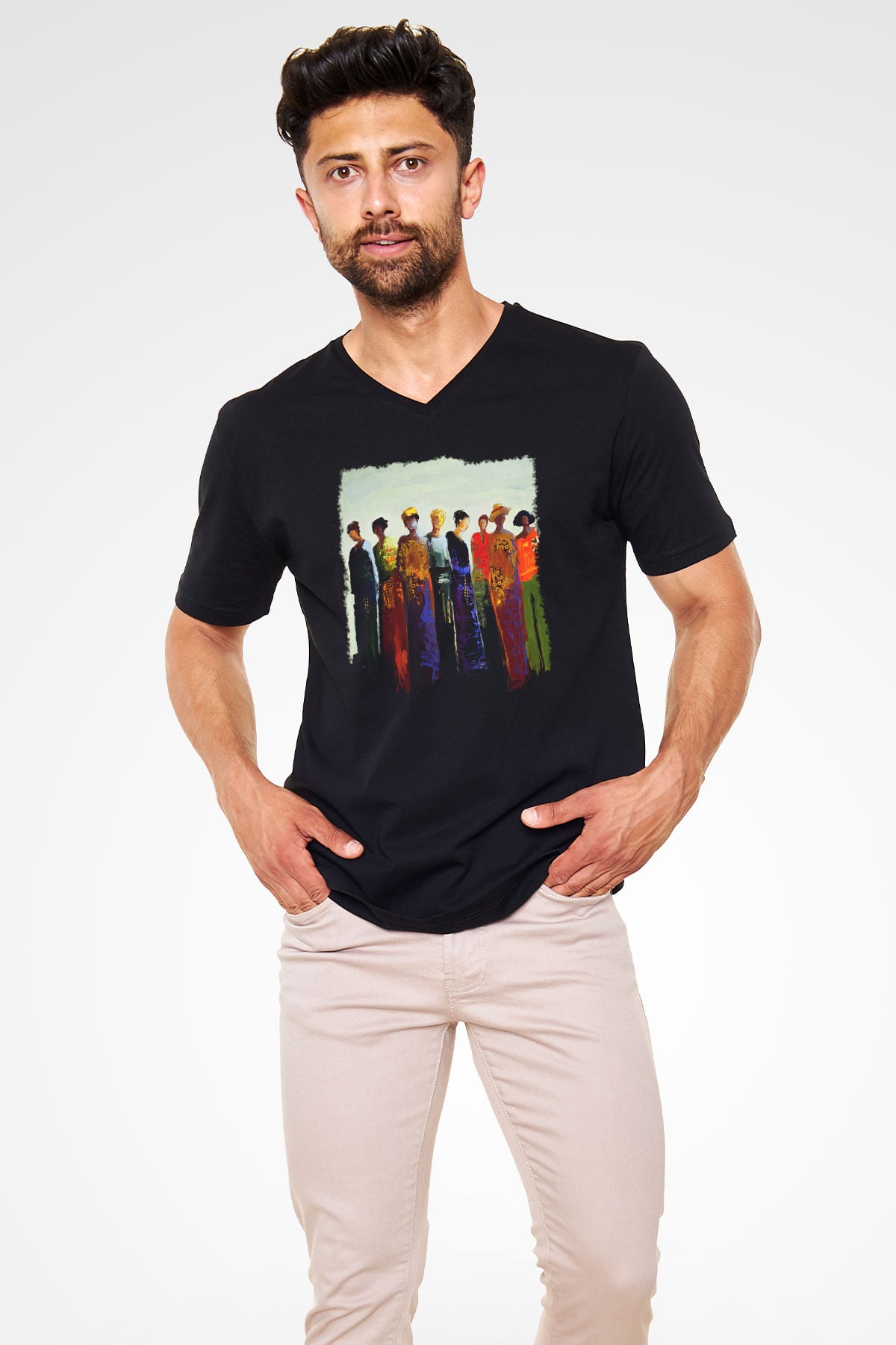 Figür Siyah Unisex V Yaka Tişört T-Shirt