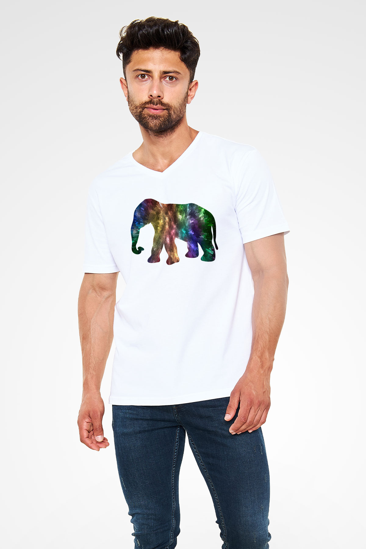 Fil Beyaz Unisex V Yaka Tişört