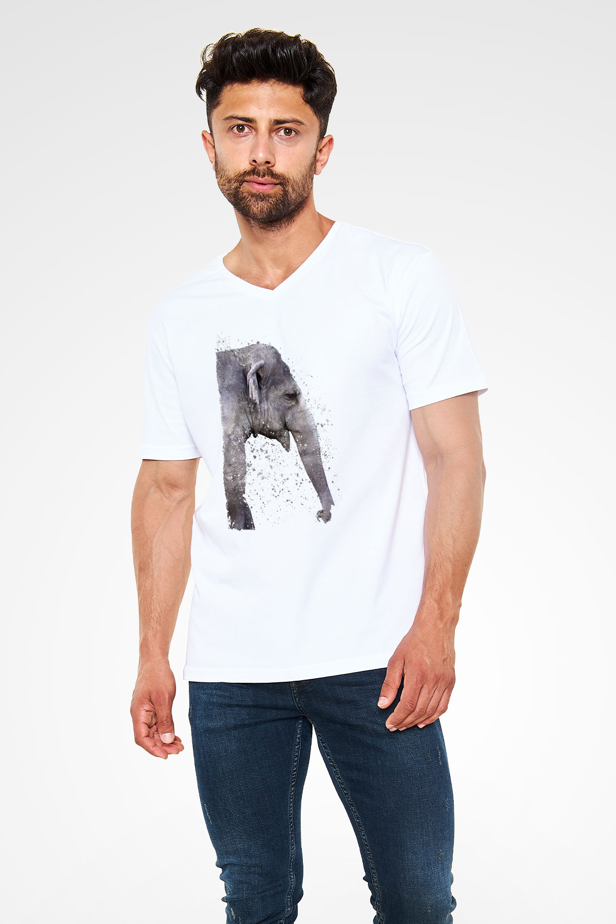 Fil Beyaz Unisex V Yaka Tişört
