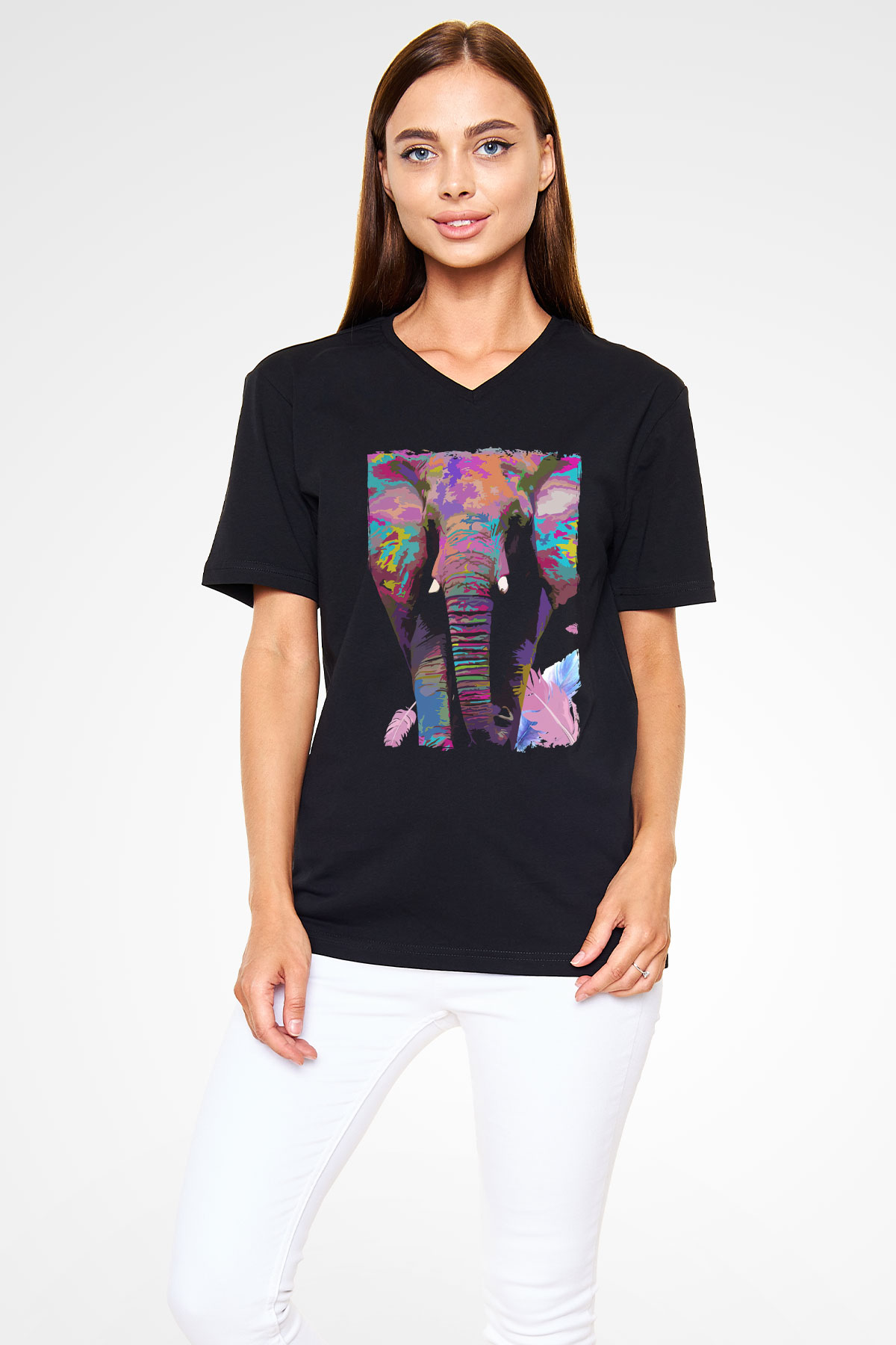 Fil Siyah Unisex V Yaka Tişört