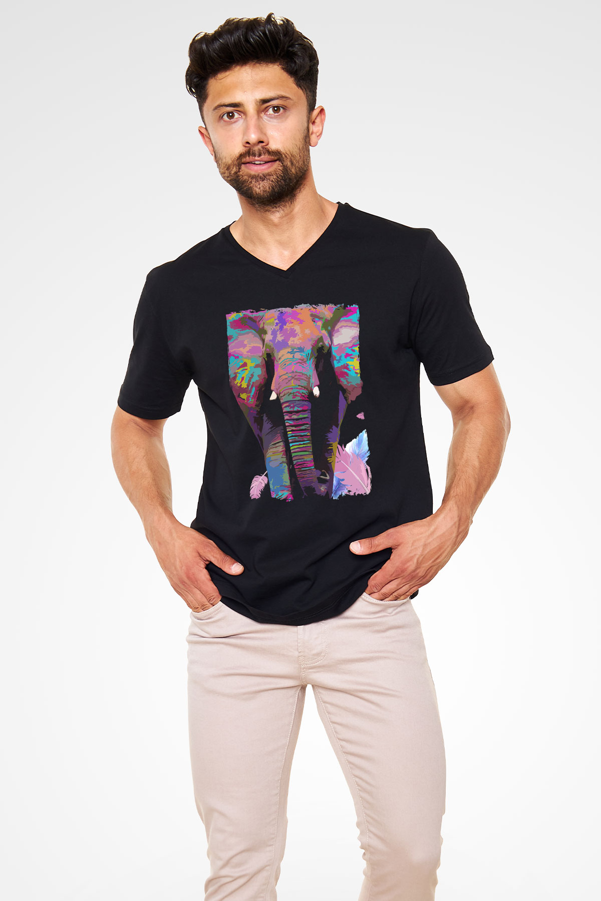 Fil Siyah Unisex V Yaka Tişört