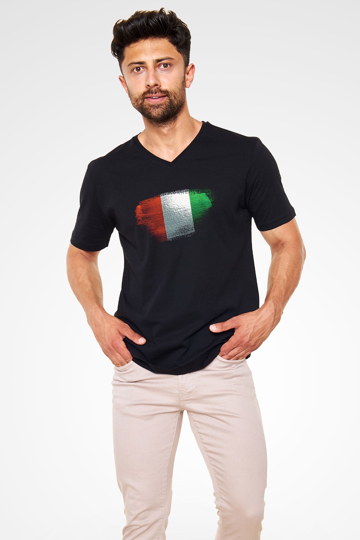 Fildişi Sahili - İvory Coast Bayrağı Baskılı Unisex Siyah V Yaka Tişört