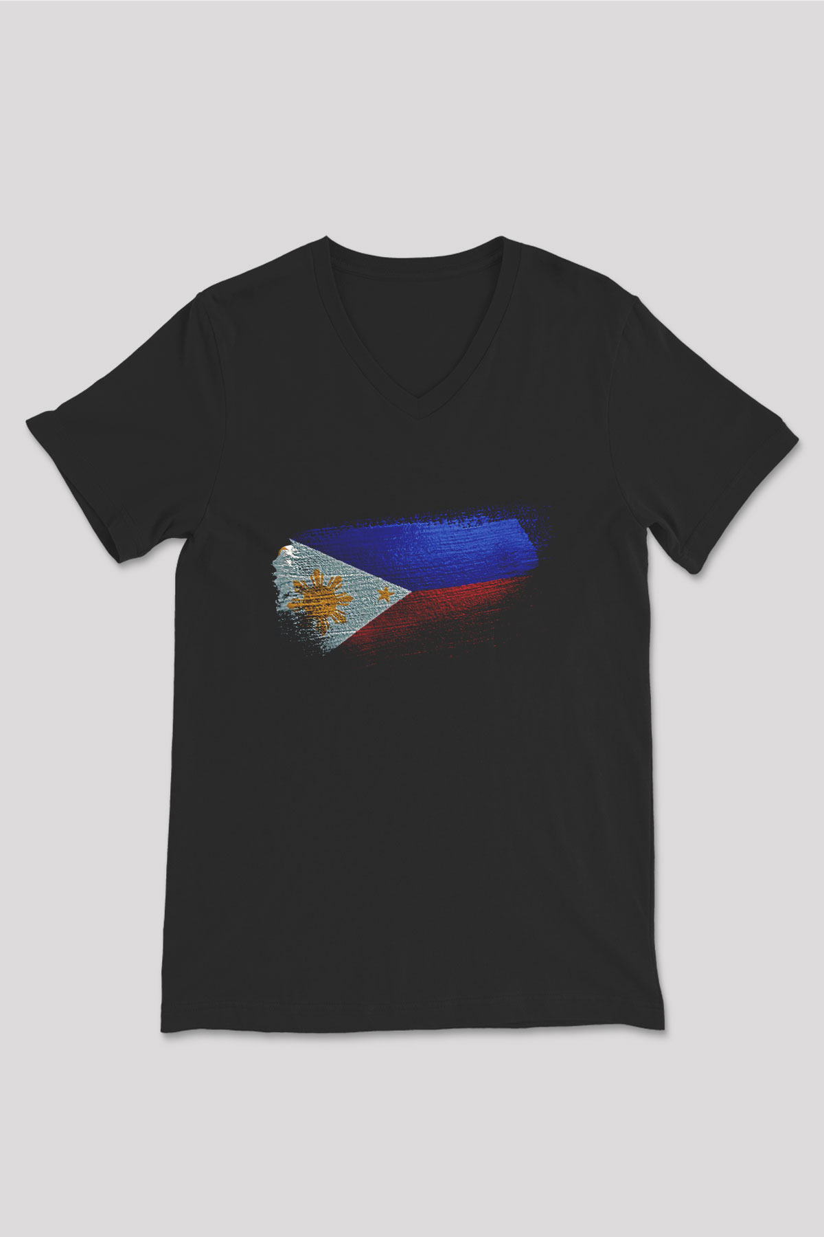 Filipinler - Philippines Bayrağı Baskılı Unisex Siyah V Yaka Tişört