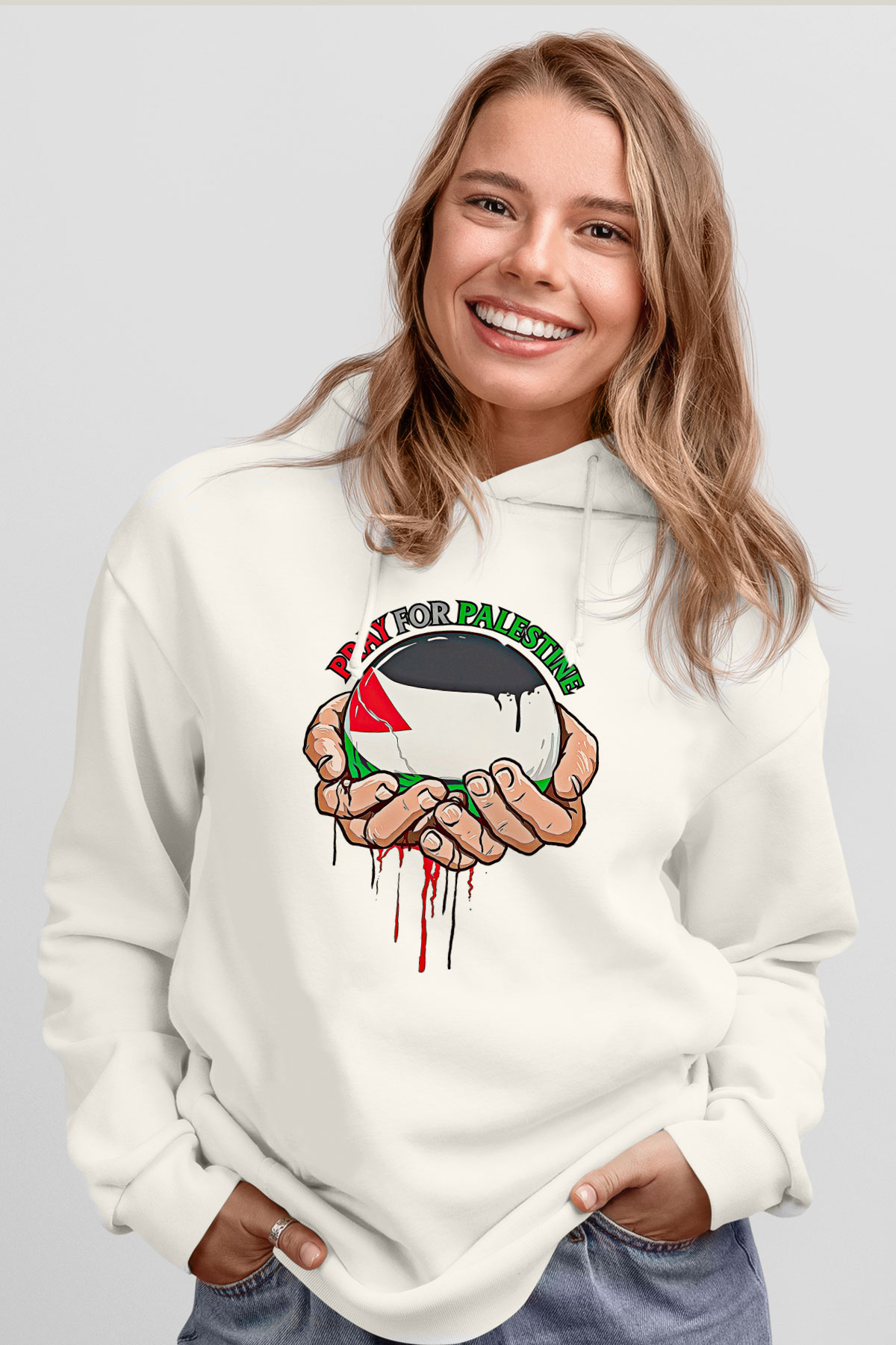 Filistin Baskılı Beyaz Unisex Kapüşonlu Sweatshirt