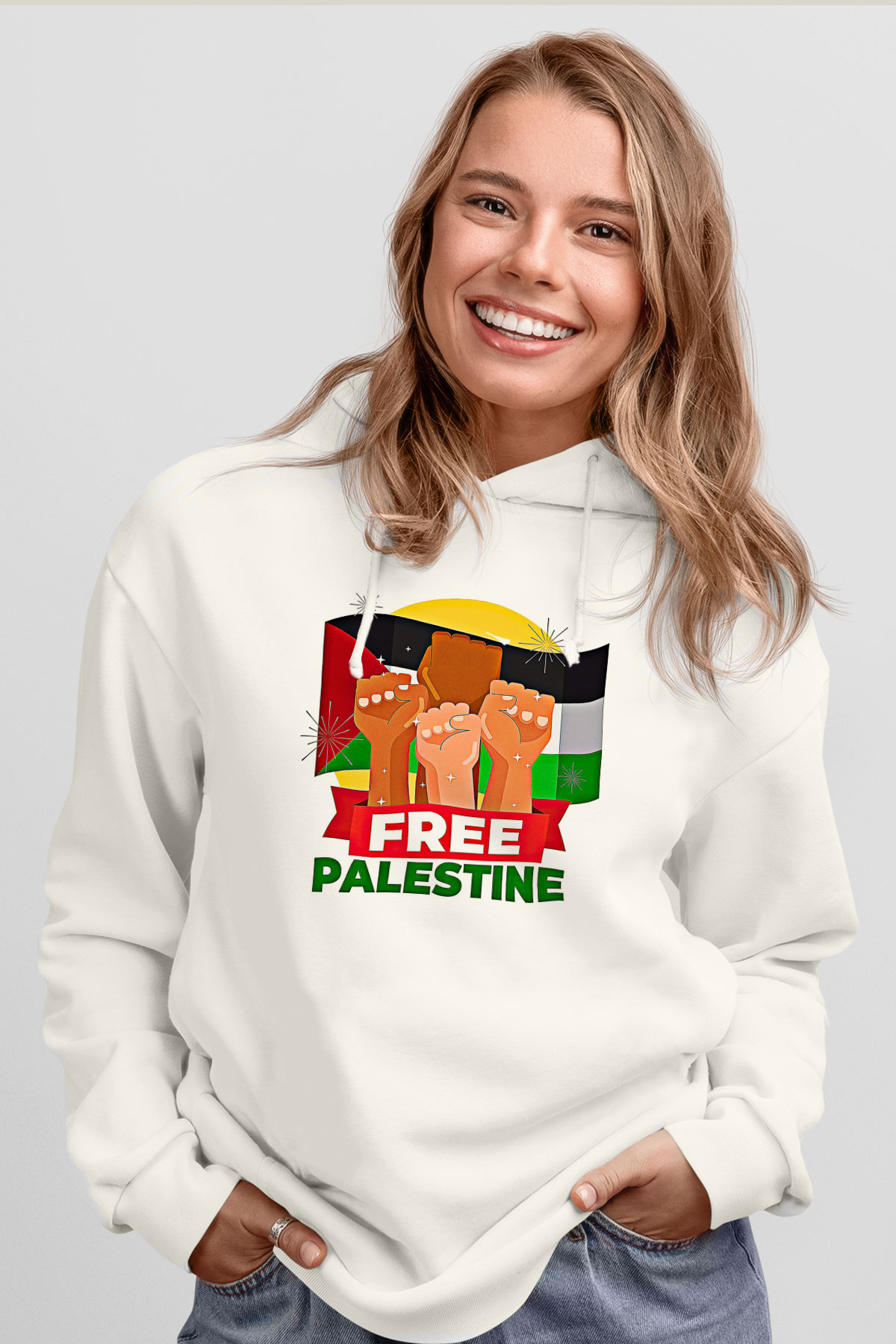 Filistin Baskılı Beyaz Unisex Kapüşonlu Sweatshirt
