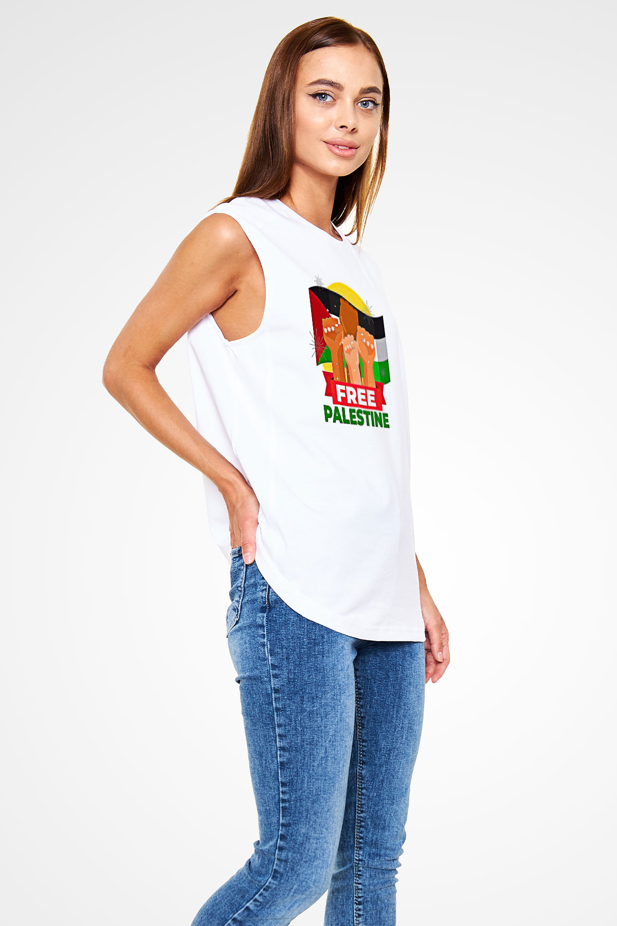 Filistin Baskılı Beyaz Unisex Kolsuz Tişört - Tshirt