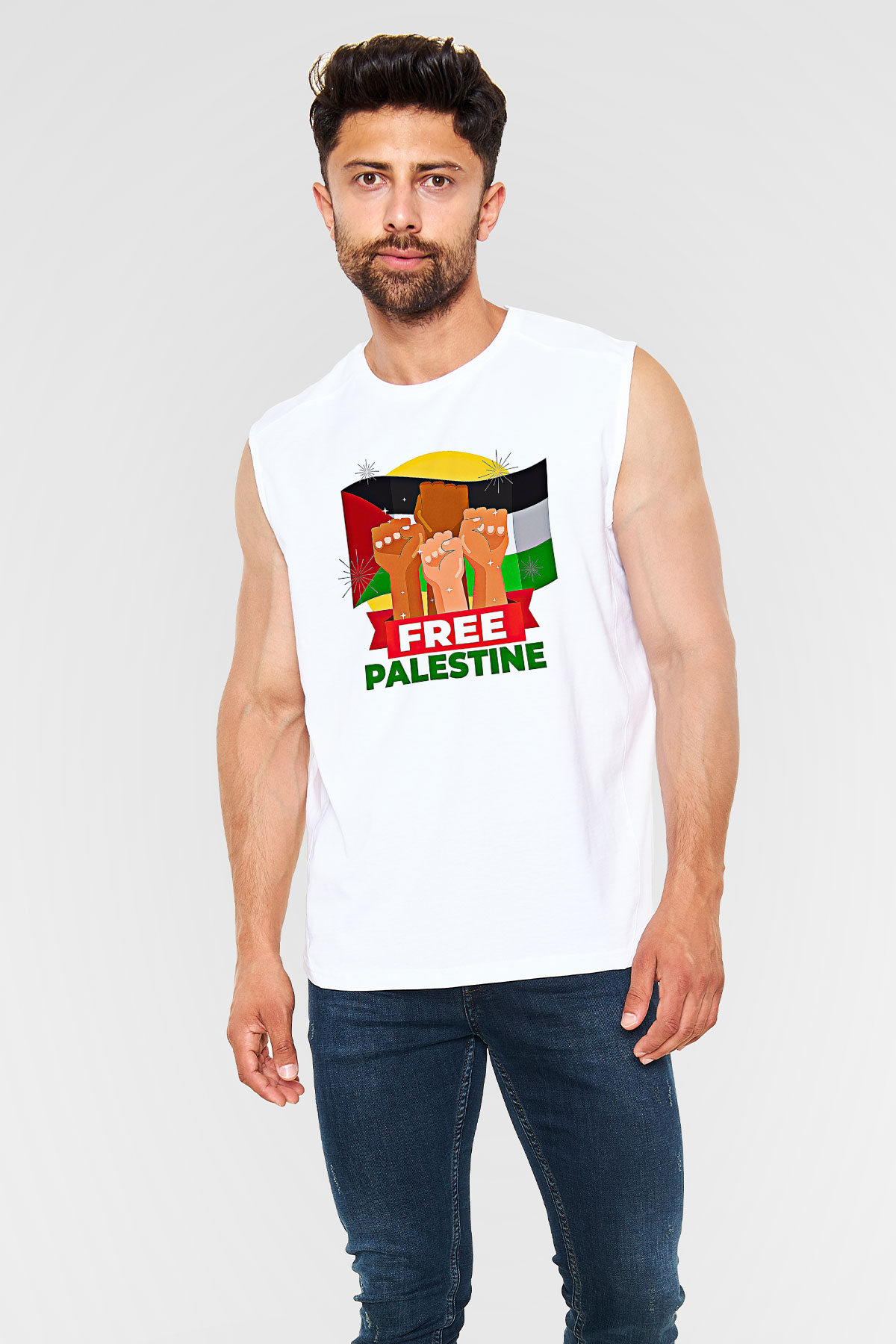 Filistin Baskılı Beyaz Unisex Kolsuz Tişört - Tshirt