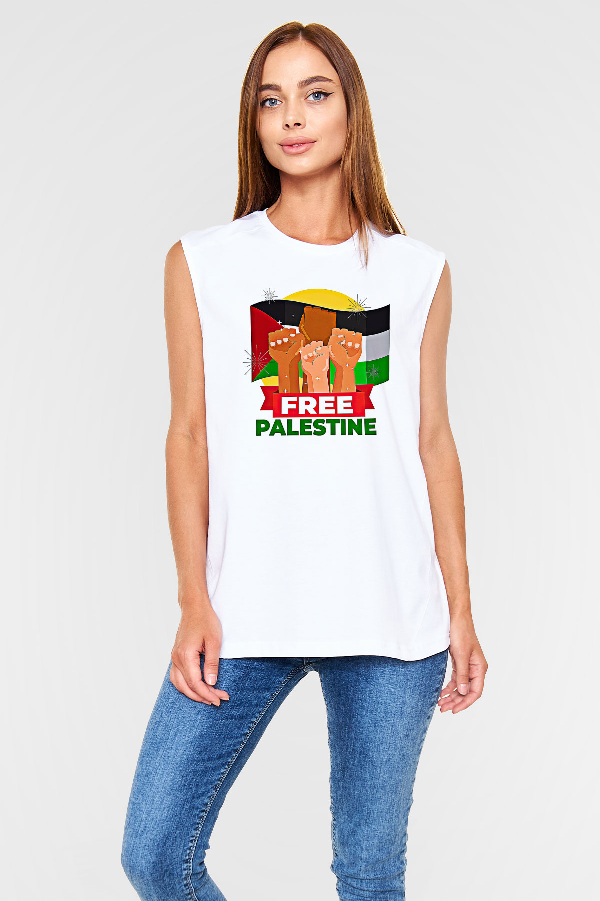 Filistin Baskılı Beyaz Unisex Kolsuz Tişört - Tshirt