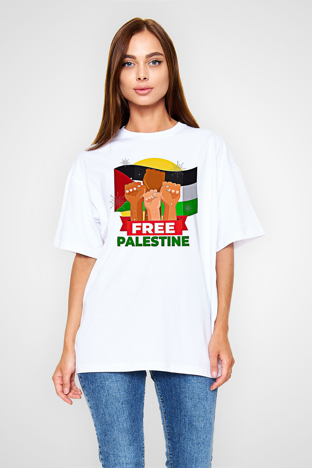 Filistin Baskılı Beyaz Unisex Oversize Tişört - Tshirt