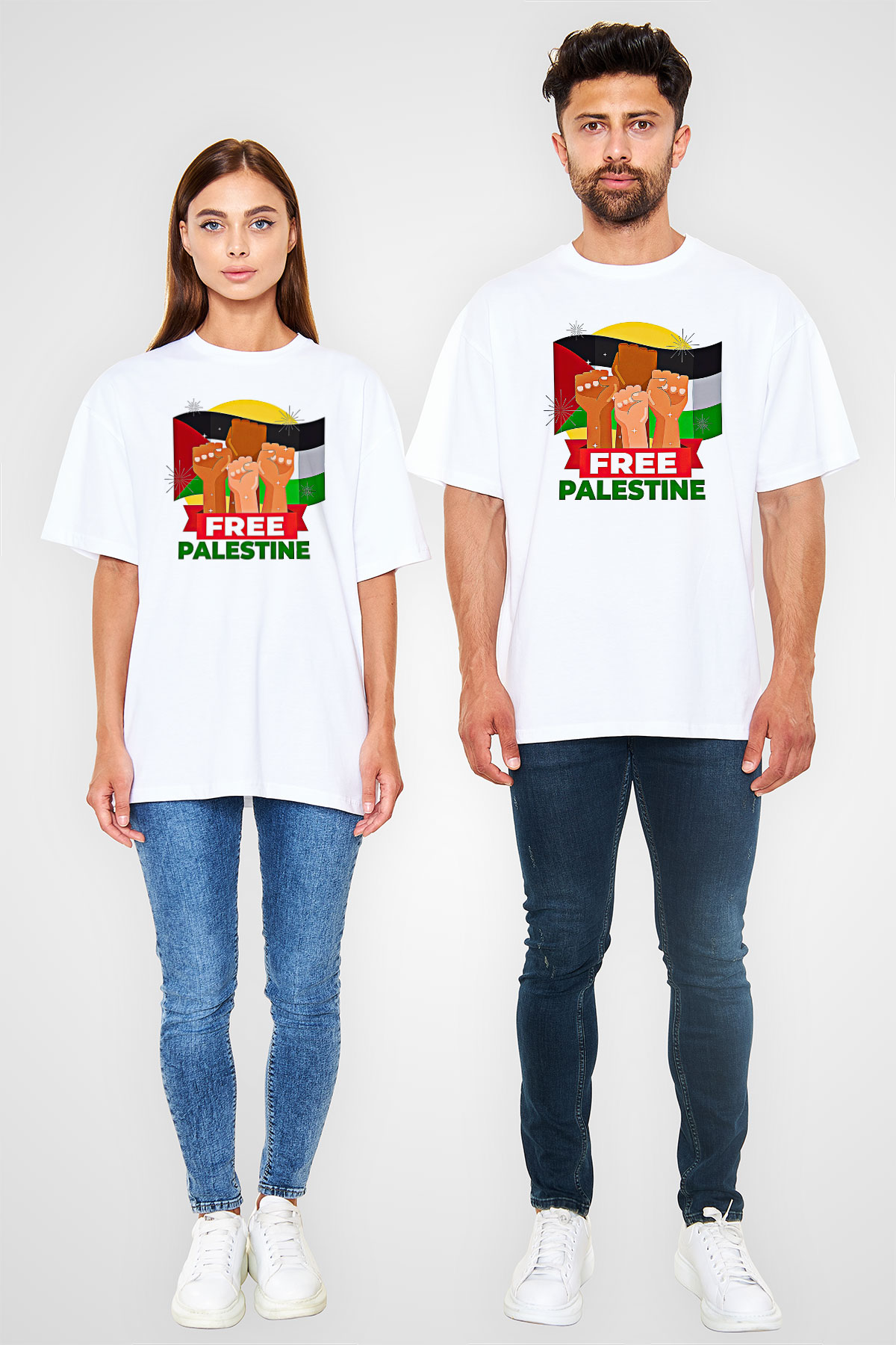 Filistin Baskılı Beyaz Unisex Oversize Tişört - Tshirt