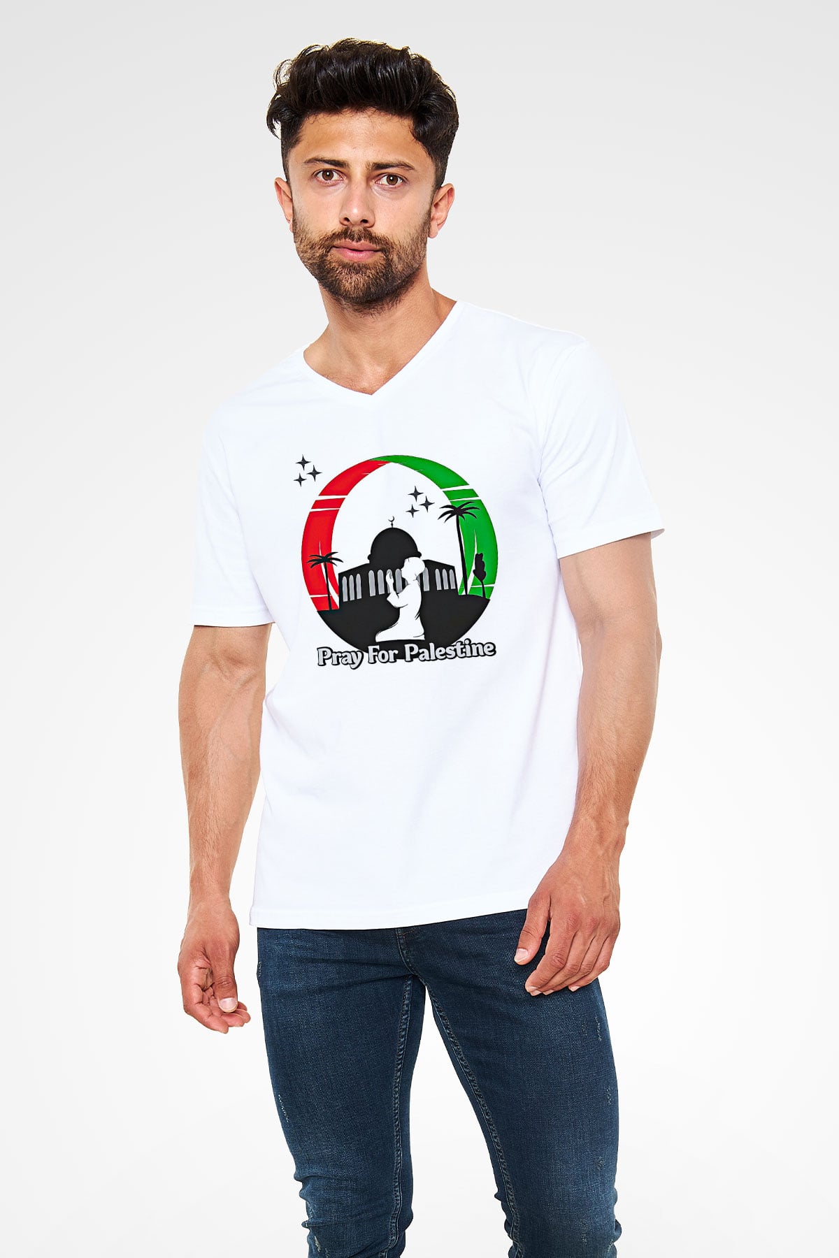 Filistin Baskılı Beyaz Unisex V Yaka Tişört - Tshirt