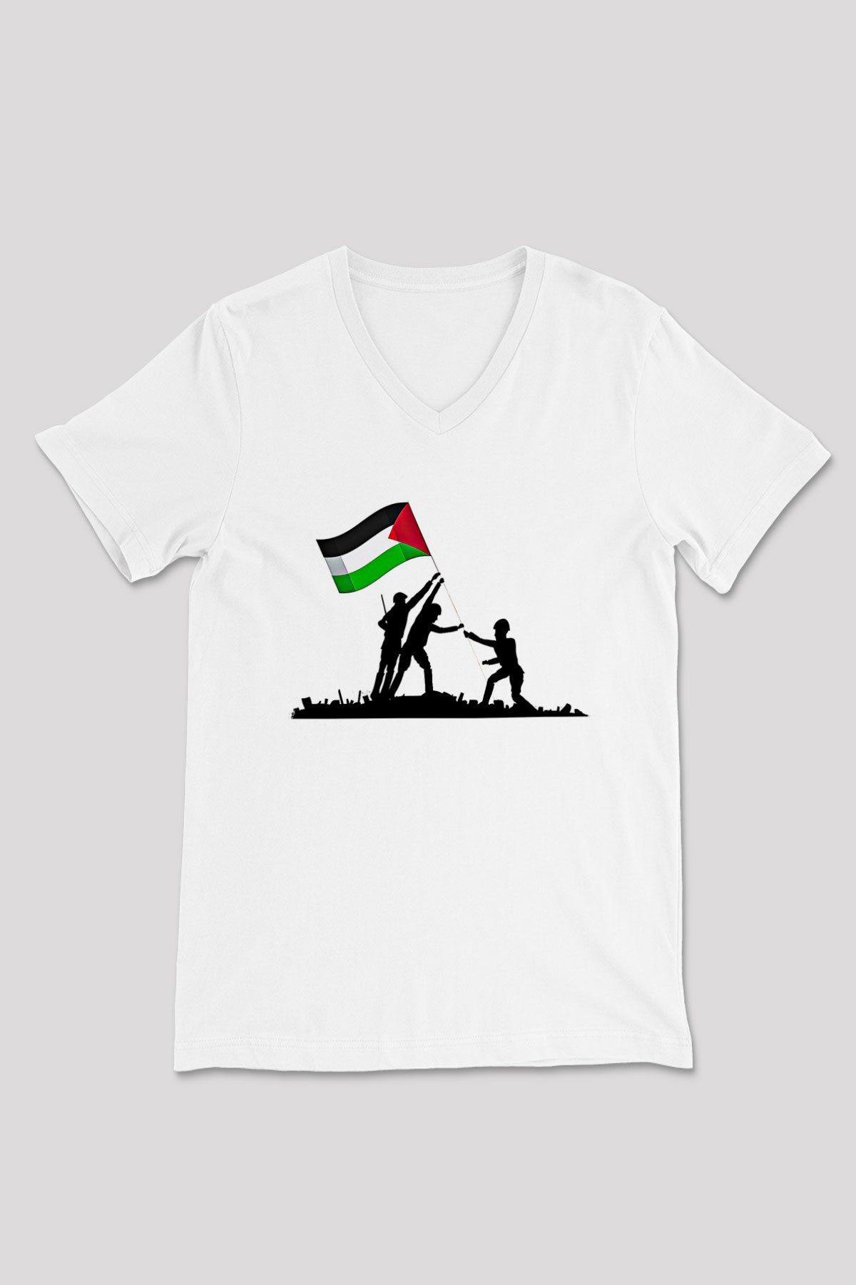 Filistin Baskılı Beyaz Unisex V Yaka Tişört - Tshirt