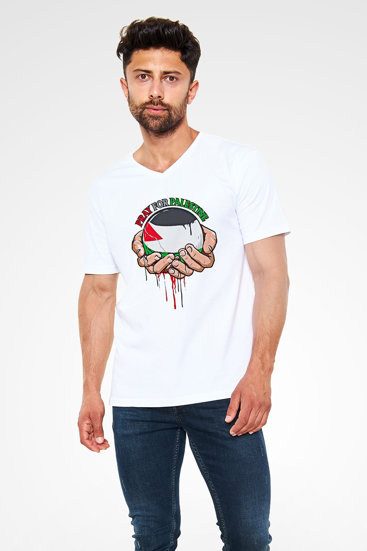 Filistin Baskılı Beyaz Unisex V Yaka Tişört - Tshirt