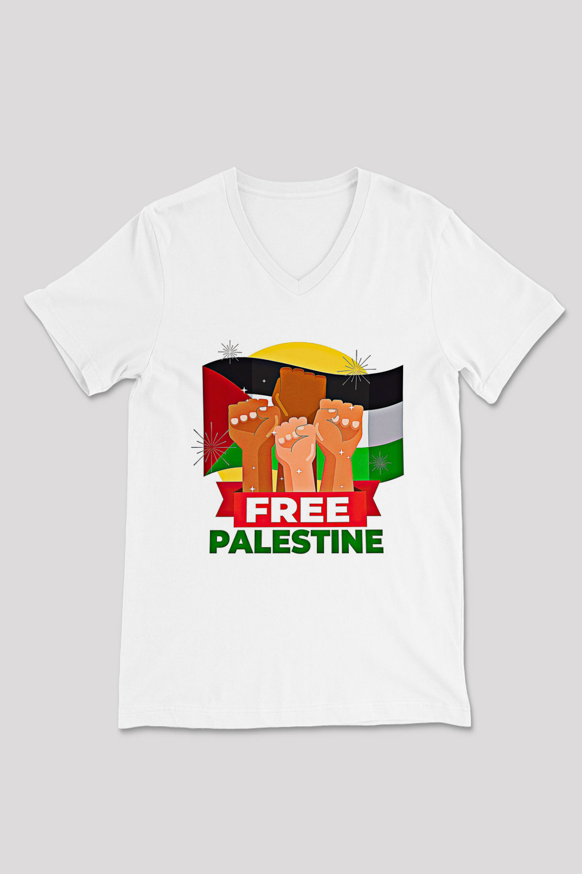 Filistin Baskılı Beyaz Unisex V Yaka Tişört - Tshirt