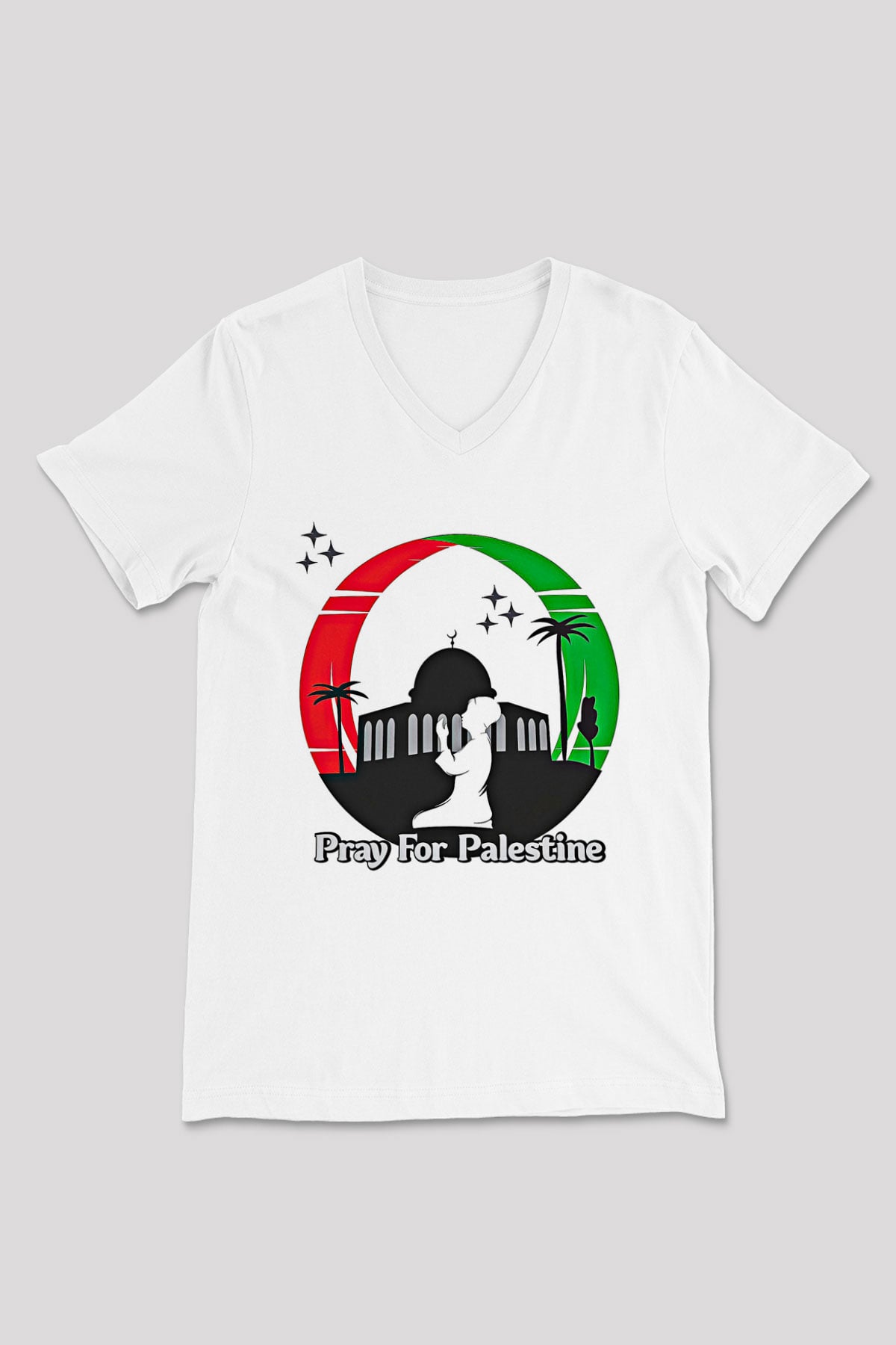 Filistin Baskılı Beyaz Unisex V Yaka Tişört - Tshirt