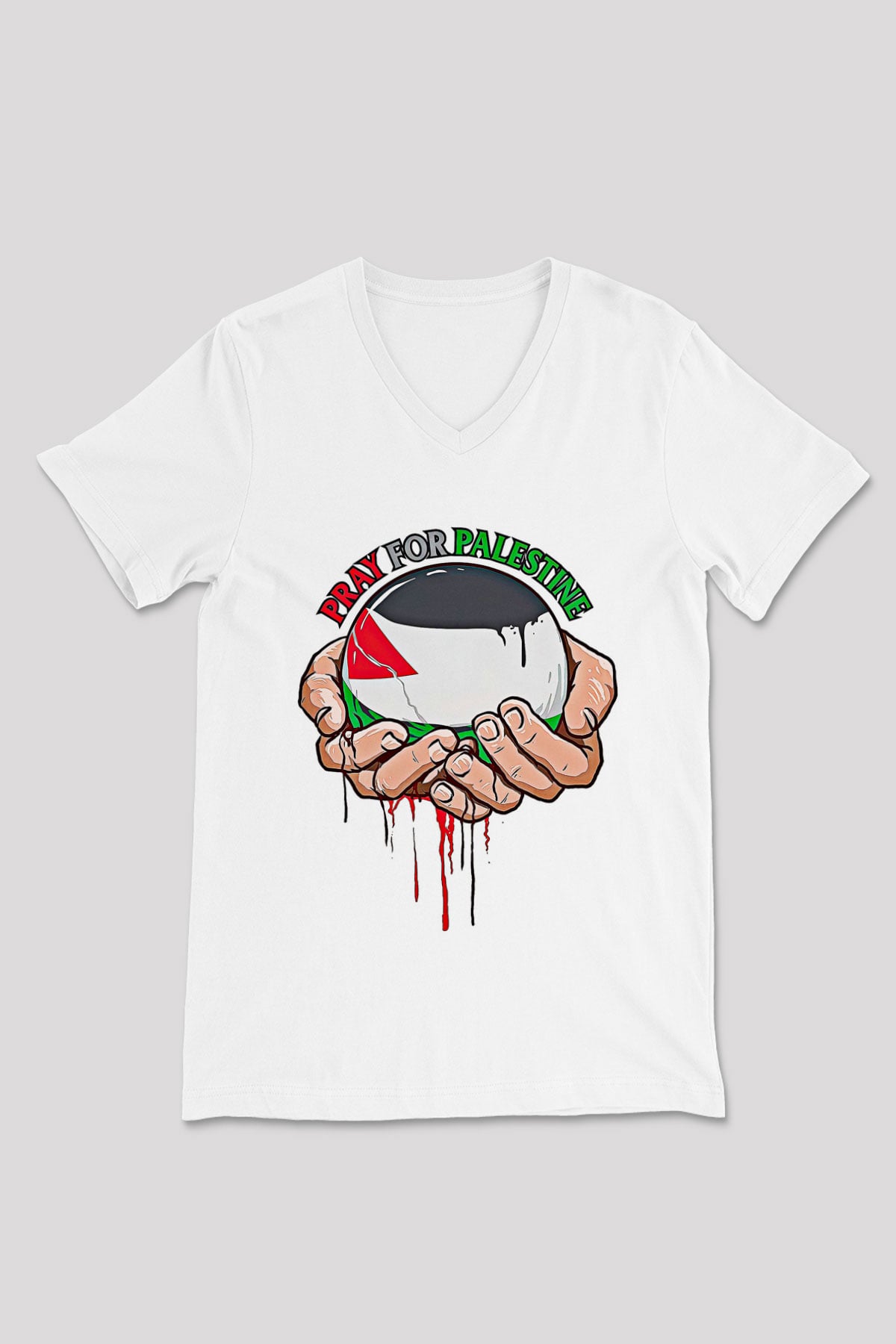 Filistin Baskılı Beyaz Unisex V Yaka Tişört - Tshirt