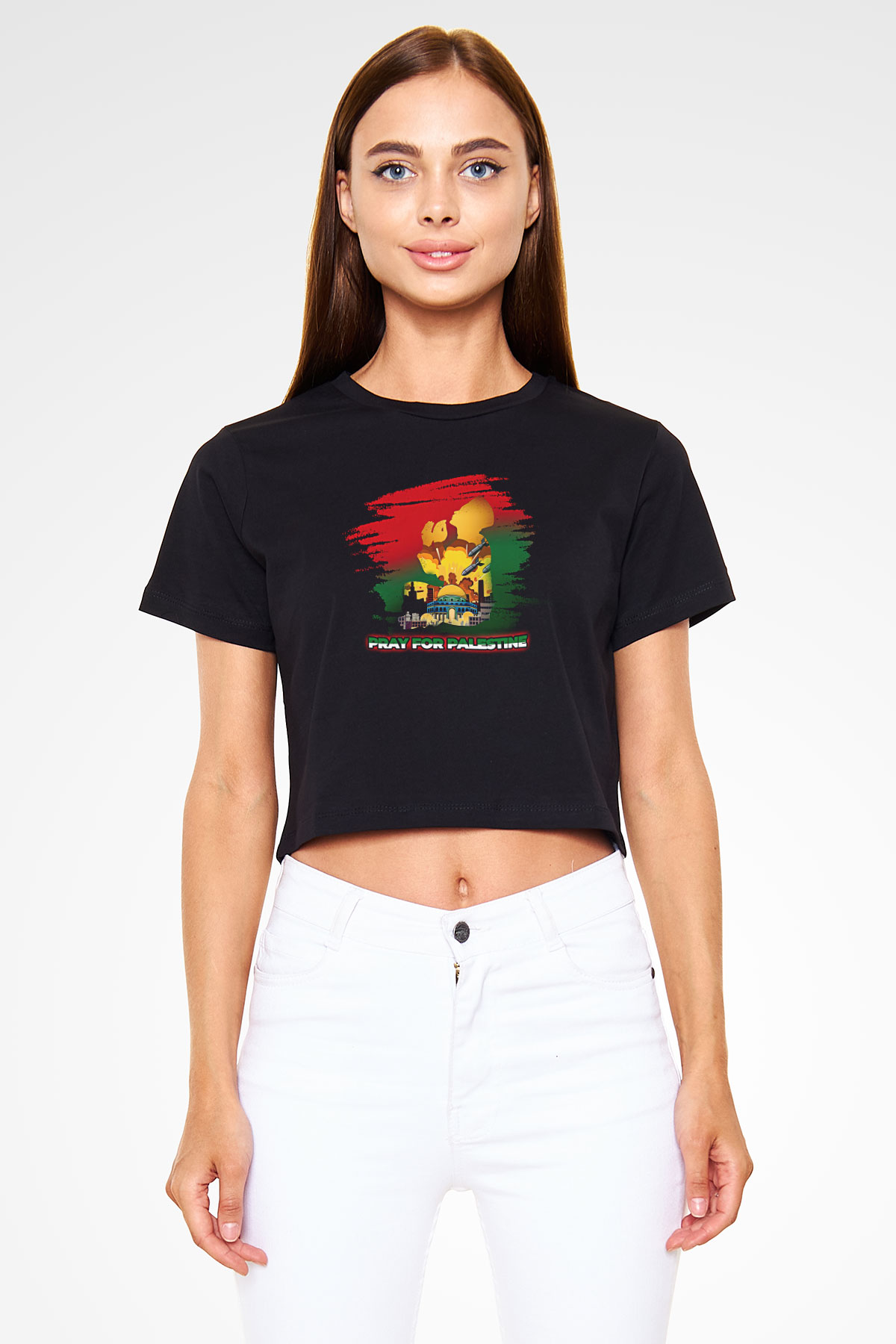 Filistin Baskılı Siyah Crop Top Kadın Tişört - Tshirt