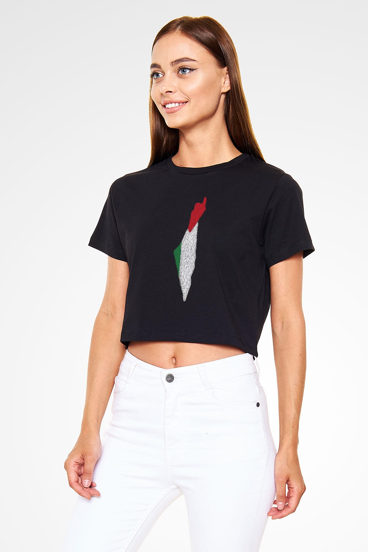Filistin Baskılı Siyah Crop Top Kadın Tişört - Tshirt