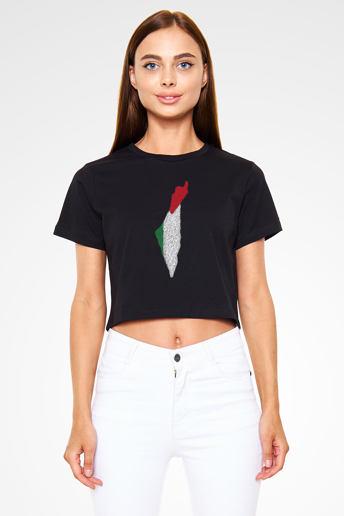 Filistin Baskılı Siyah Crop Top Kadın Tişört - Tshirt