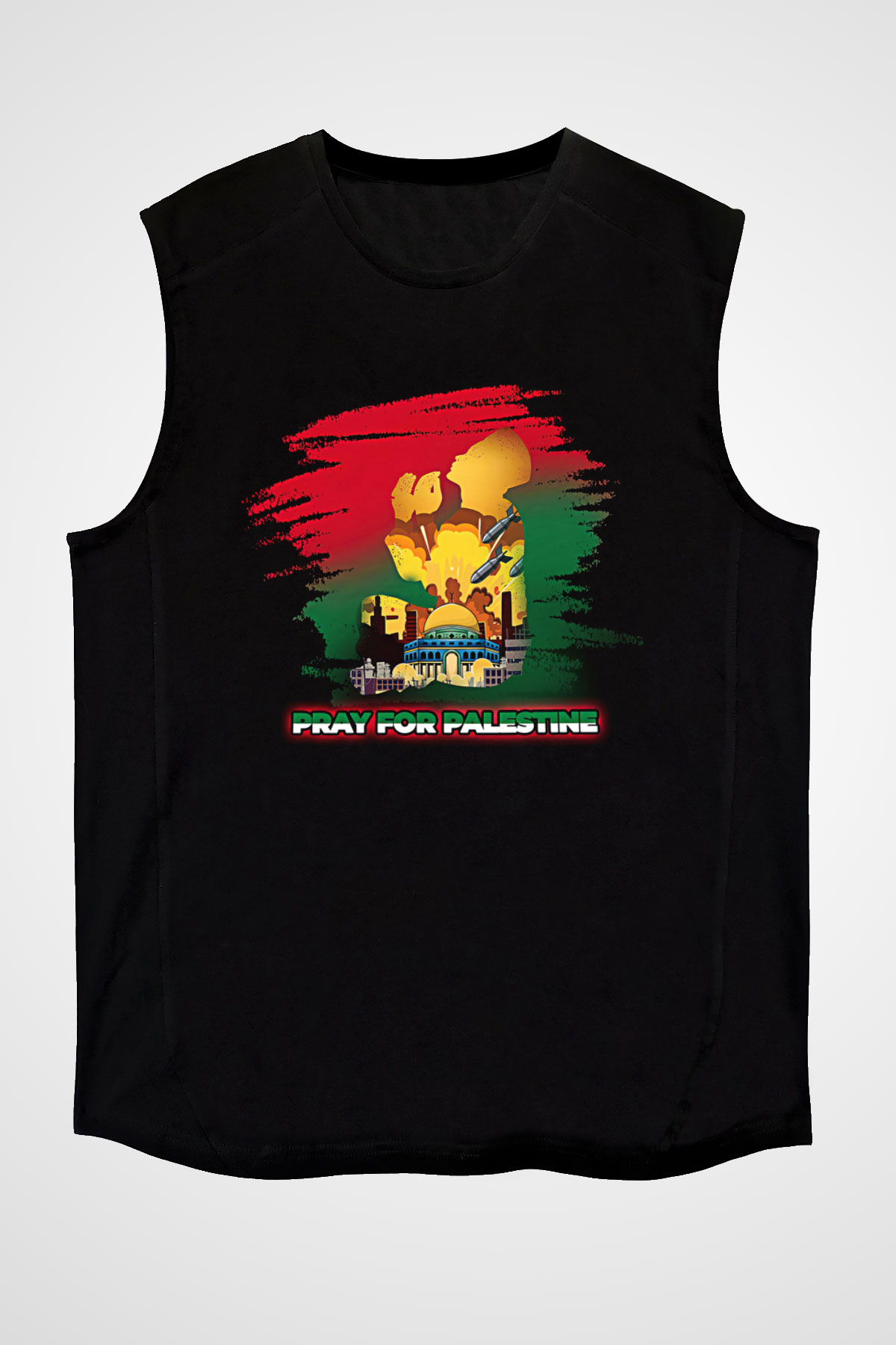Filistin Baskılı Unisex Siyah Kolsuz Tişört - Tshirt