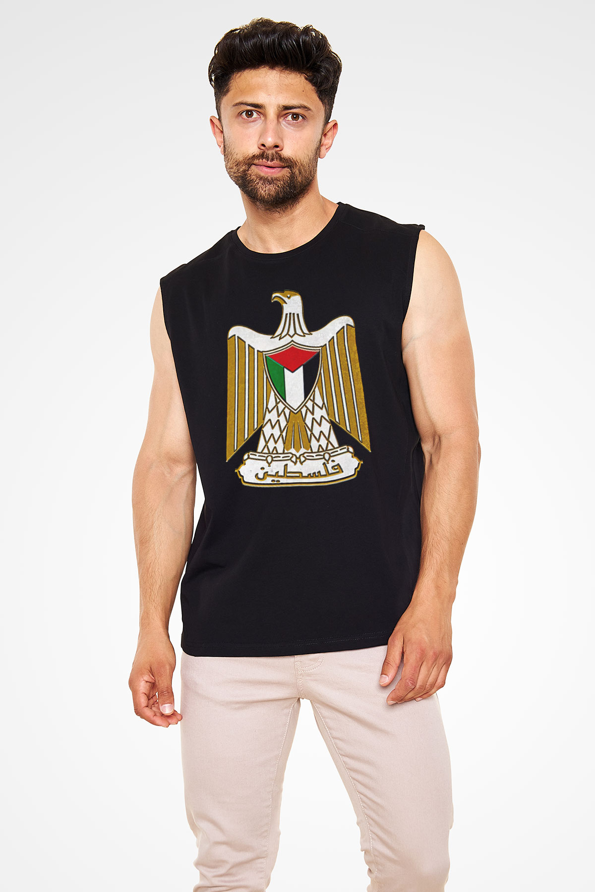 Filistin Baskılı Unisex Siyah Kolsuz Tişört - Tshirt