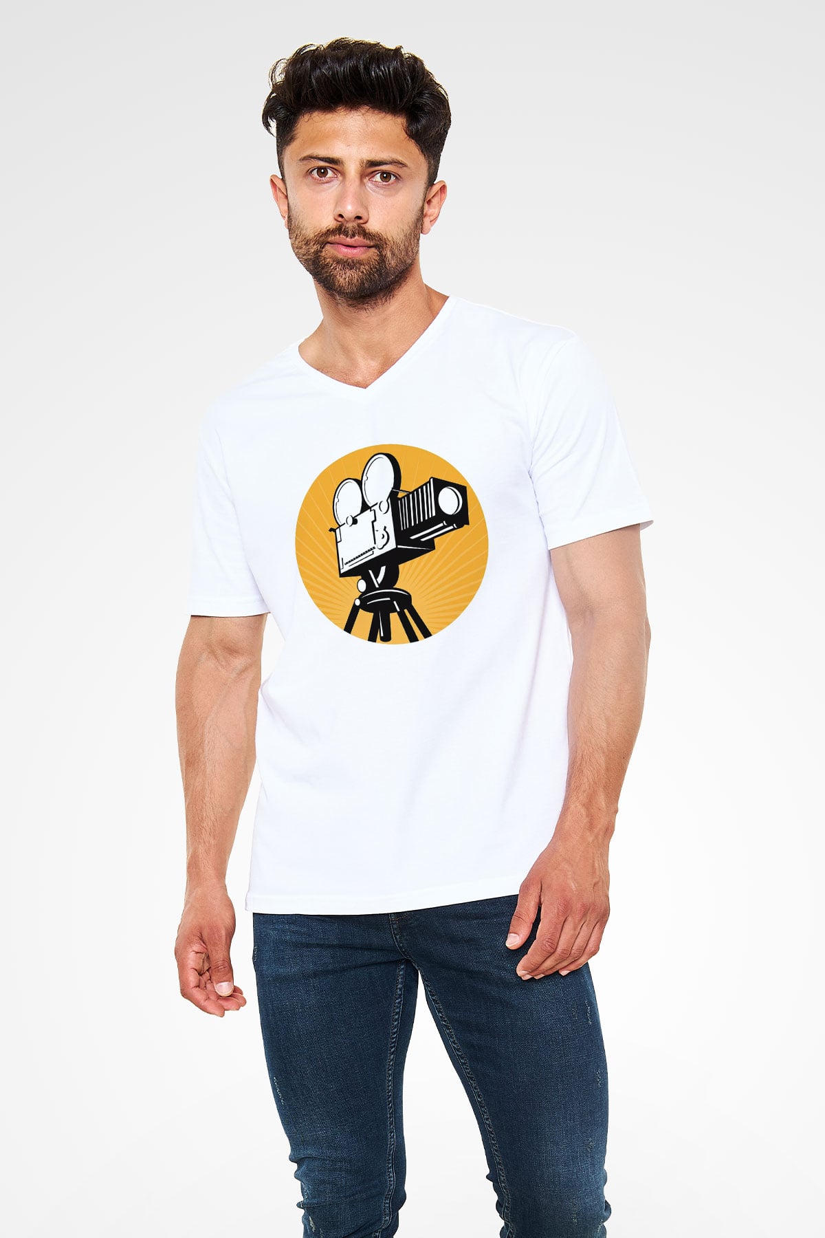 Film yönetmeni Beyaz Unisex V Yaka Tişört T-Shirt