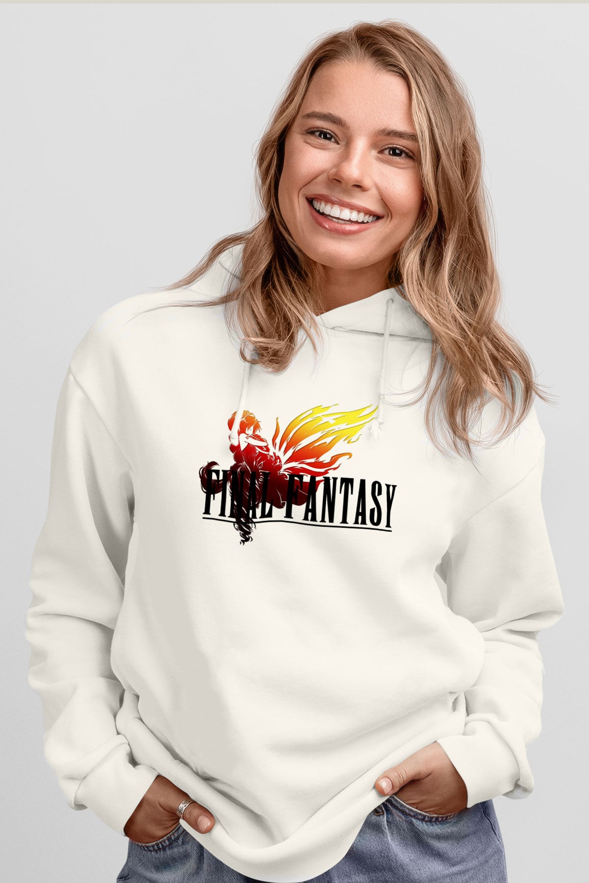 Final Fantasy Beyaz Unisex Kapşonlu Sweatshirt