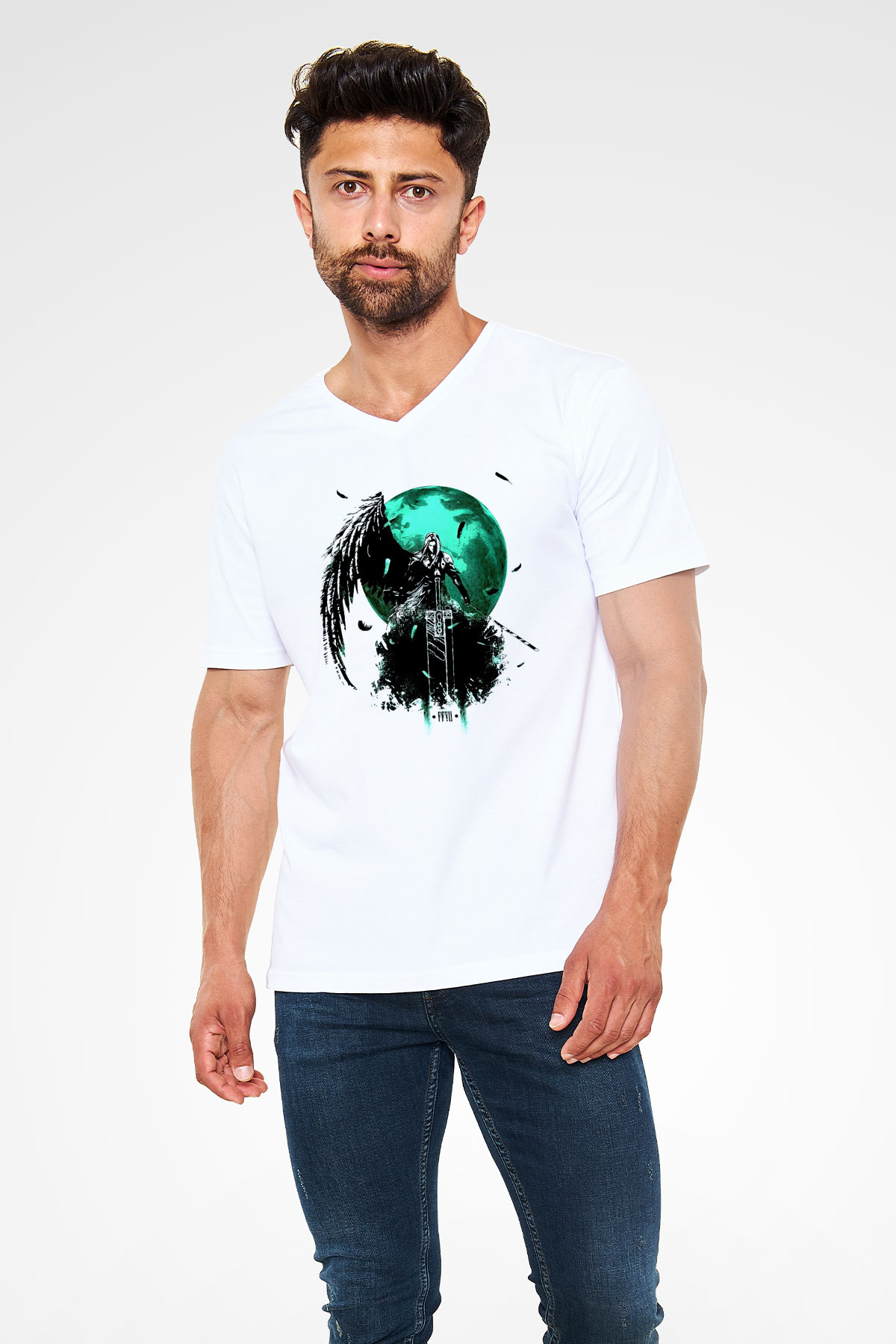 Final Fantasy Beyaz Unisex V Yaka Tişört