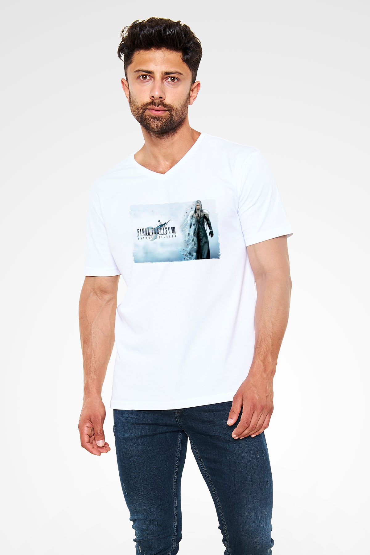 Final Fantasy Beyaz Unisex V Yaka Tişört