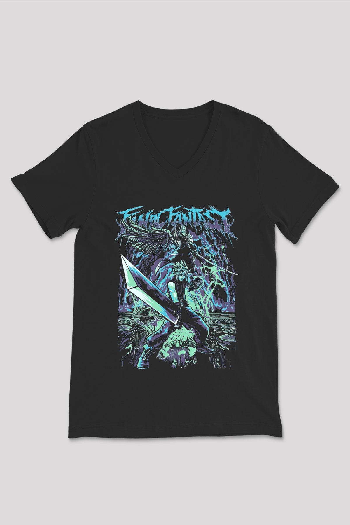 Final Fantasy Siyah Unisex V Yaka Tişört