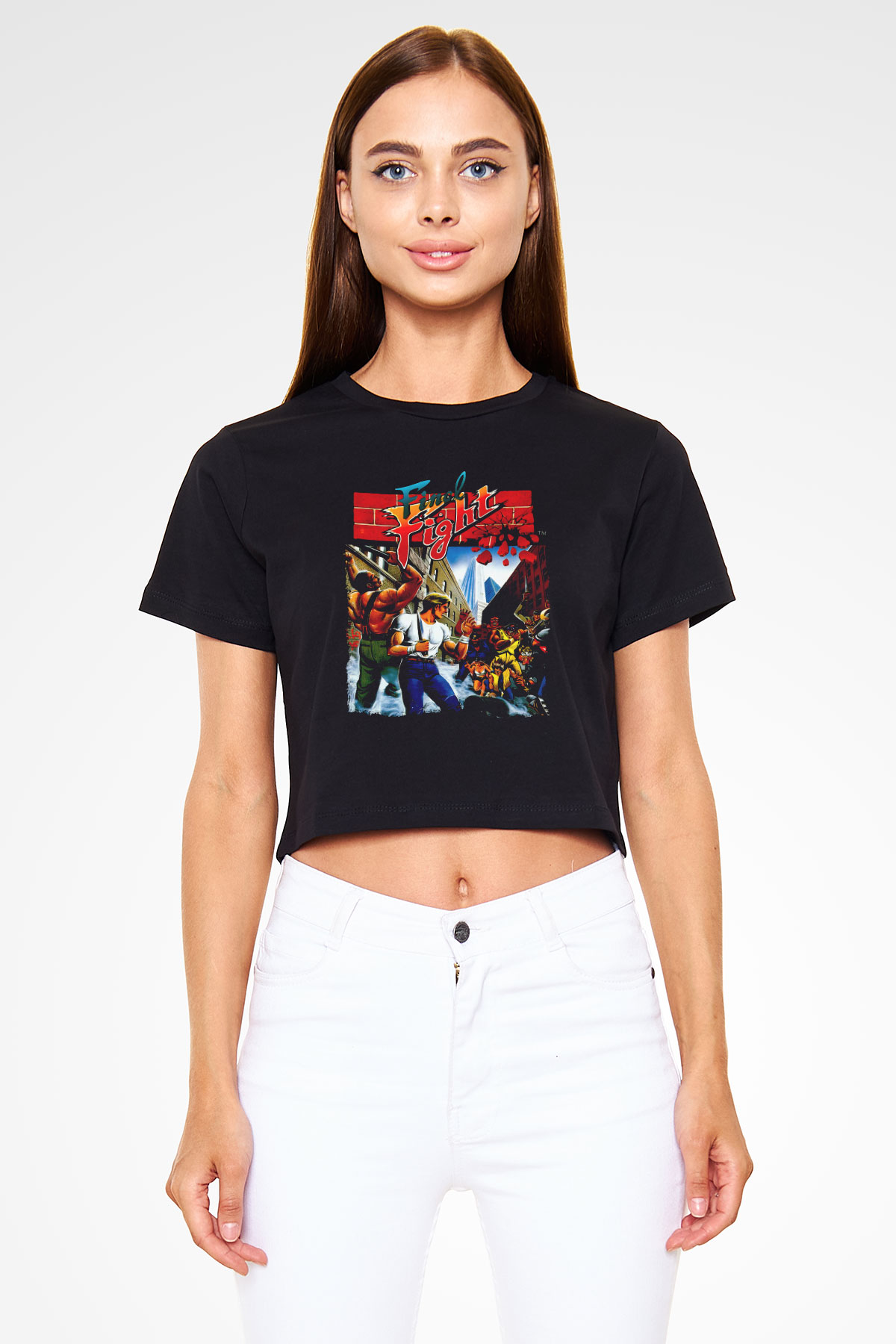 Final Fight Siyah   Crop Top Tişört