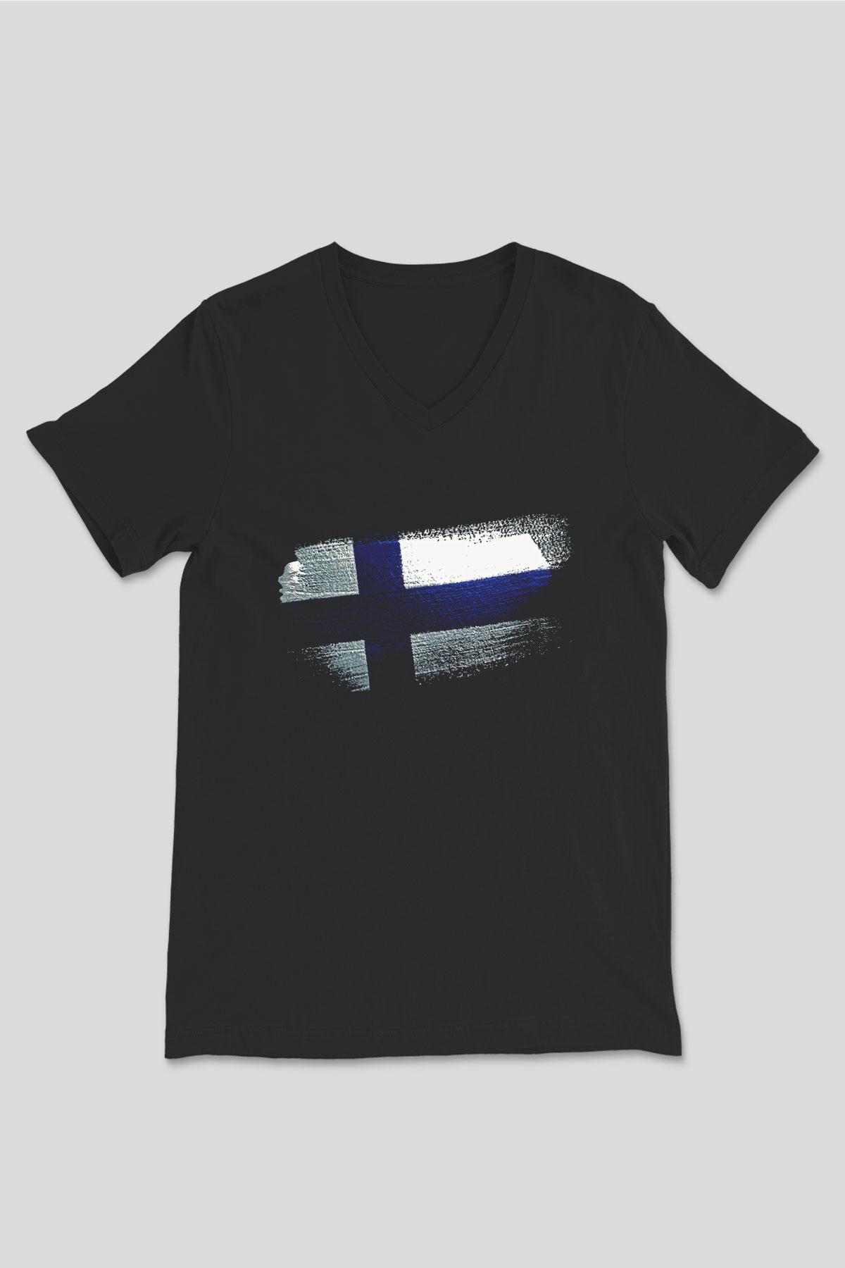Finlandiya - Finland Bayrağı Baskılı Unisex Siyah V Yaka Tişört