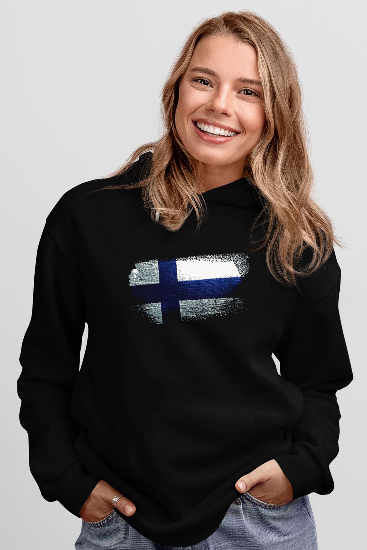 Finlandiya - Finland Bayrağı Baskılı Unisex Siyah Hoodie