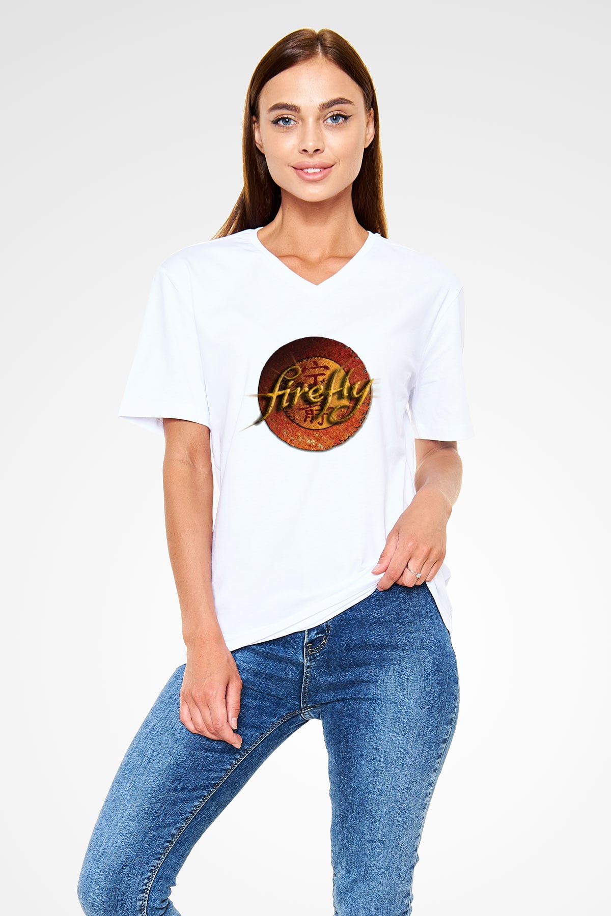 Firefly Beyaz Unisex V Yaka Tişört T-Shirt