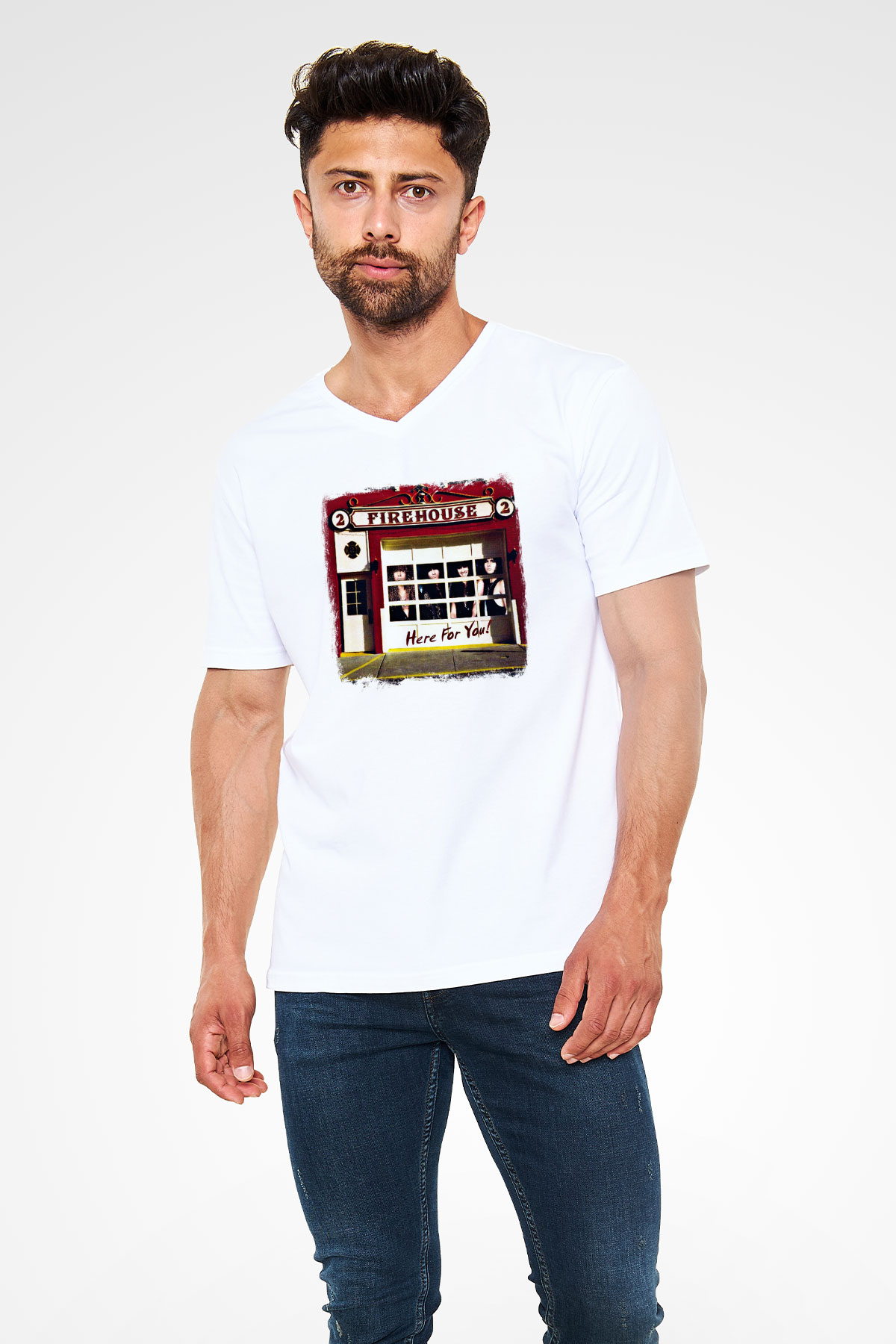 FireHouse Baskılı Unisex Beyaz V Yaka Tişört