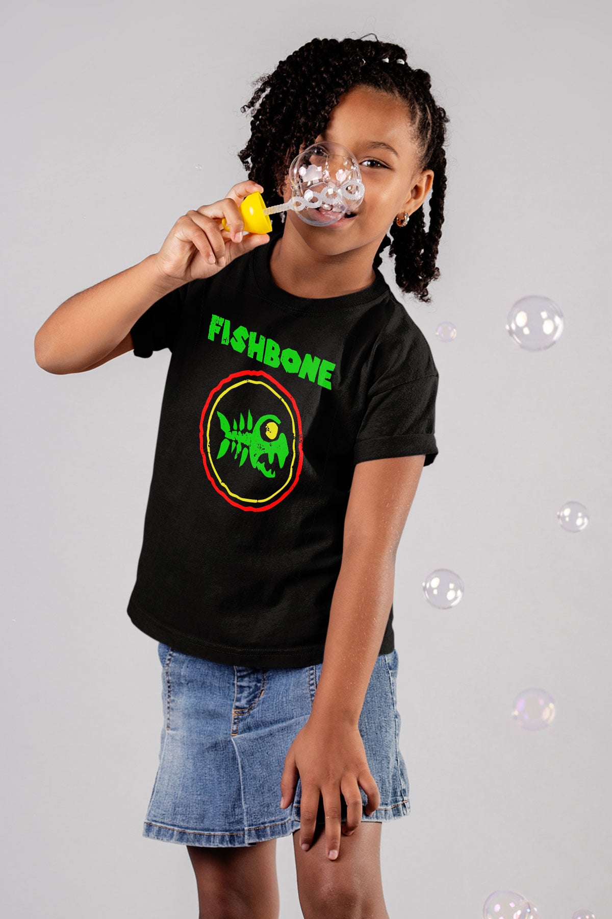 Fishbone Baskılı Siyah Unisex Çocuk Tişört