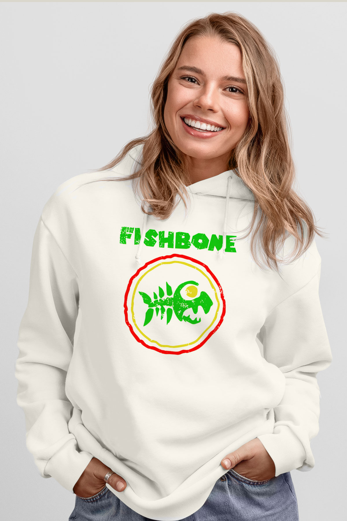 Fishbone Beyaz Unisex Kapşonlu Sweatshirt