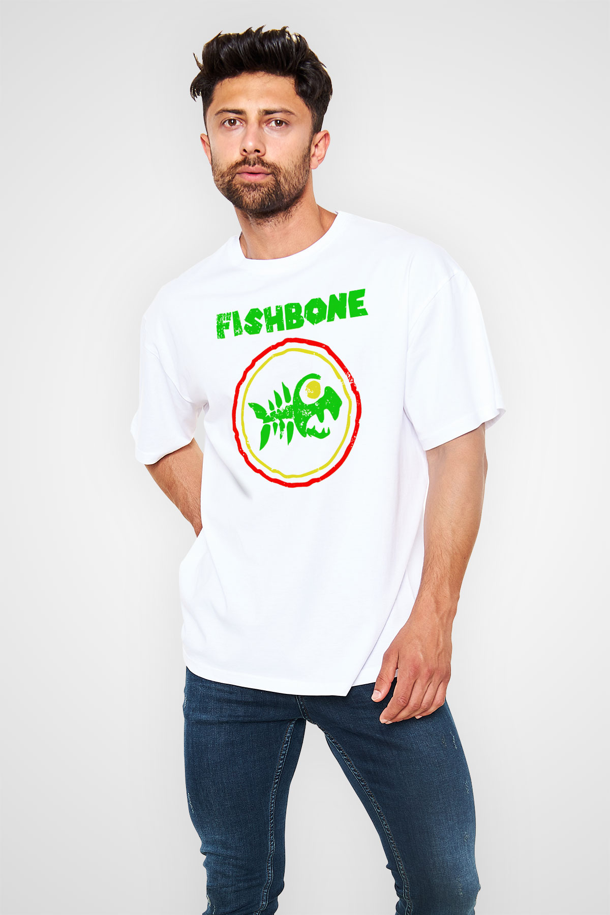 Fishbone Beyaz Unisex Oversize Tişört T-Shirt